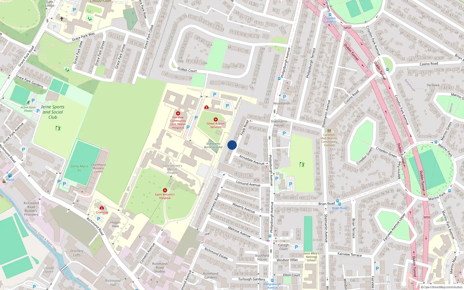 Overhead map showing the location of 24 Foyle Road, Fairview, Dublin 3