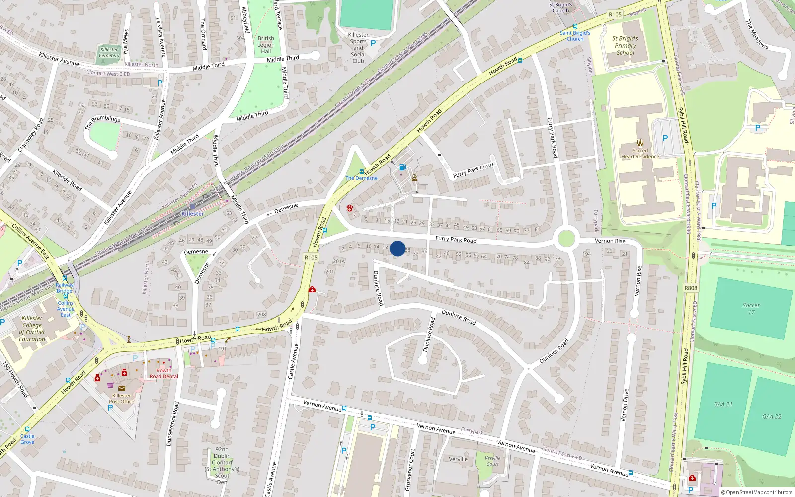 Overhead map showing the location of 24 Furry Park Road, Killester, Dublin 5