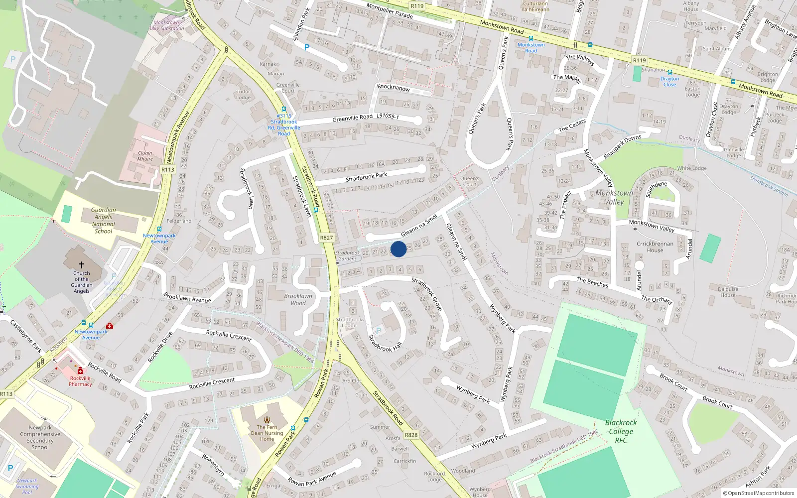 Overhead map showing the location of 24 Gleann na Smol, Stradbrook Road, Blackrock