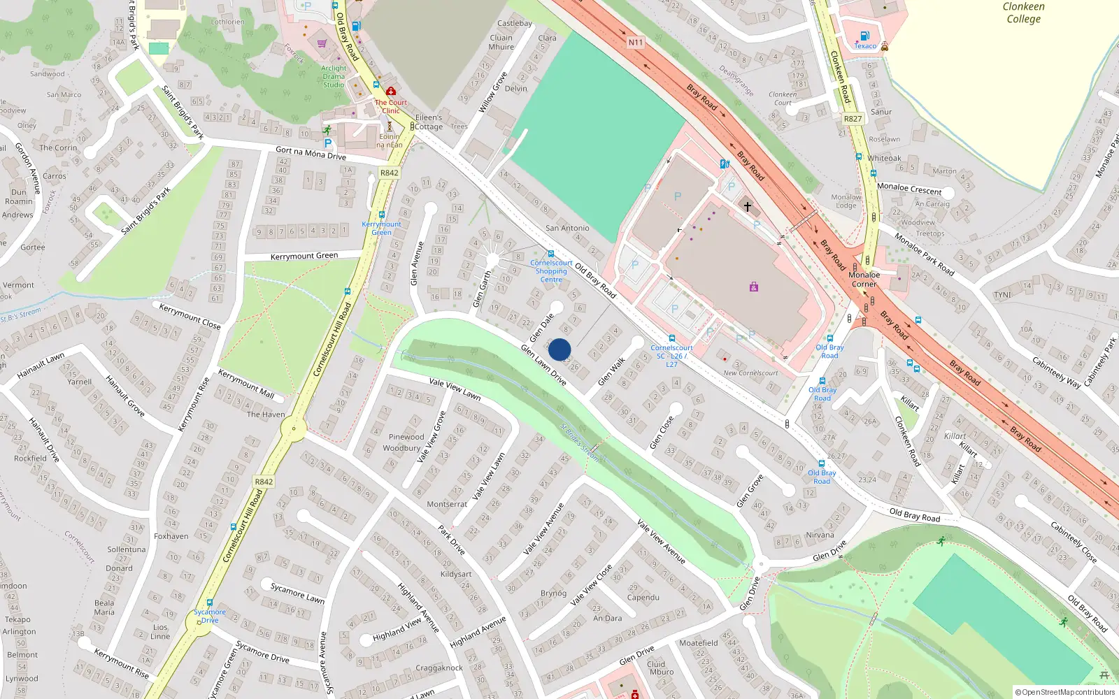 Overhead map showing the location of 24 Glen Lawn Drive, Dublin 18