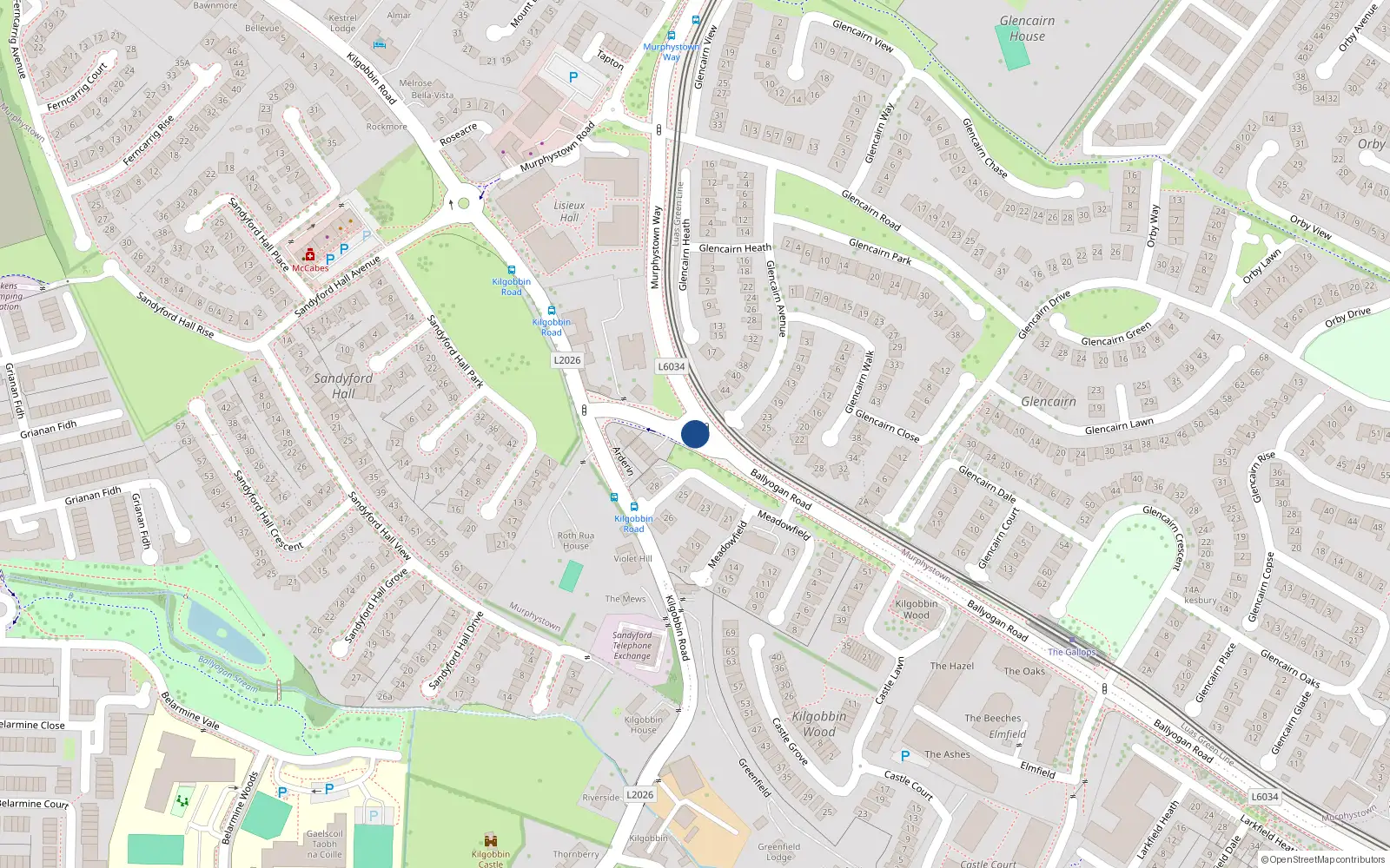 Overhead map showing the location of 24 Gort na Greine, Ballyogan Road, Sandyford