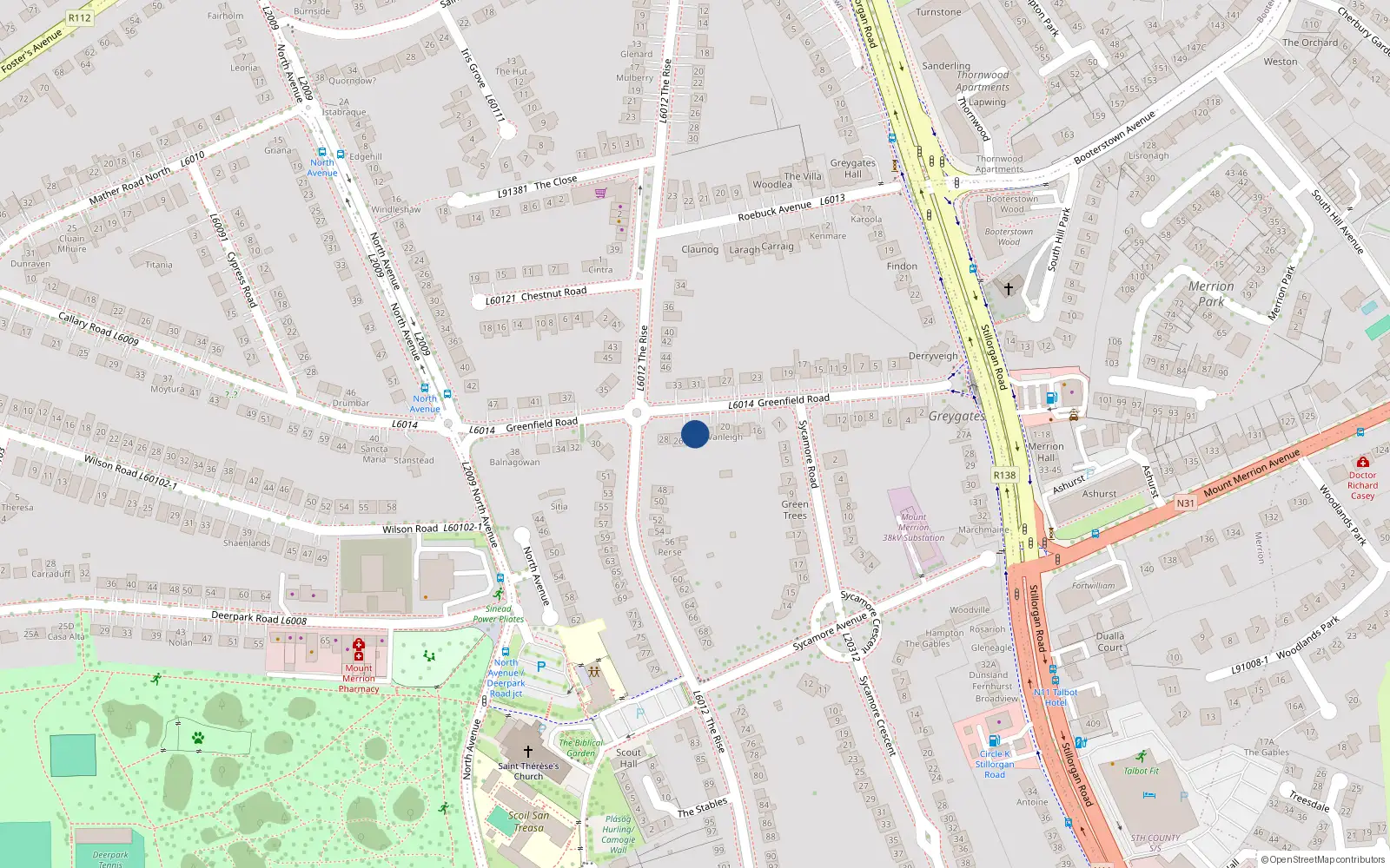 Overhead map showing the location of 24 Greenfield Road, Blackrock