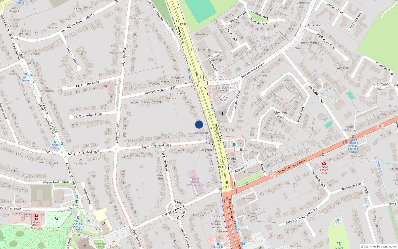 Overhead map showing the location of 24 Greygates, Stillorgan Road, Blackrock