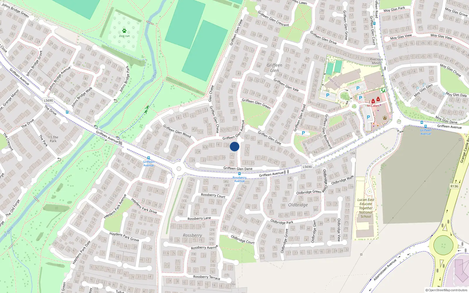 Overhead map showing the location of 24 Griffeen Glen Avenue, Lucan, Dublin