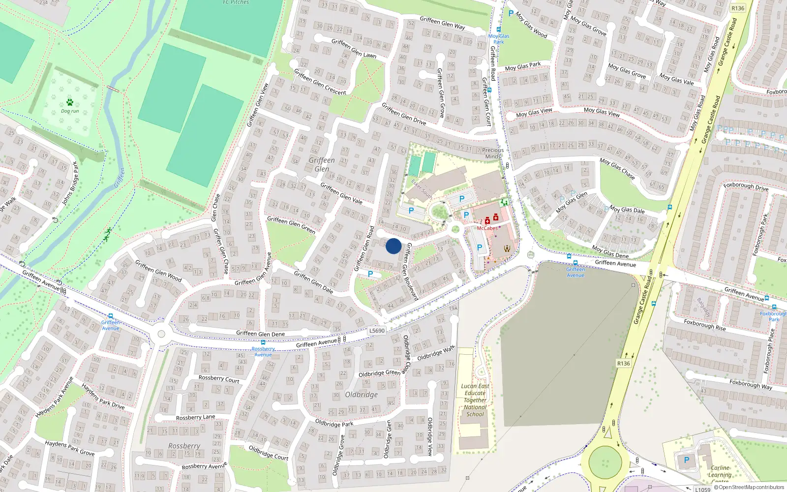 Overhead map showing the location of 24 Griffeen Glen Boulevard, Lucan