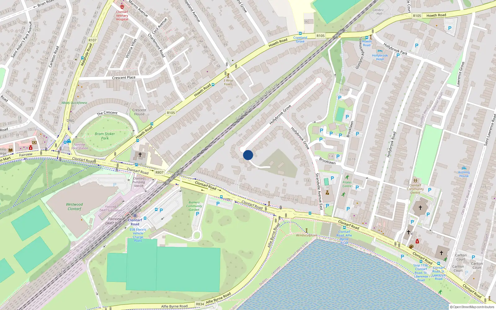 Overhead map showing the location of 24 Hollybrook Grove, Clontarf, Dublin 3