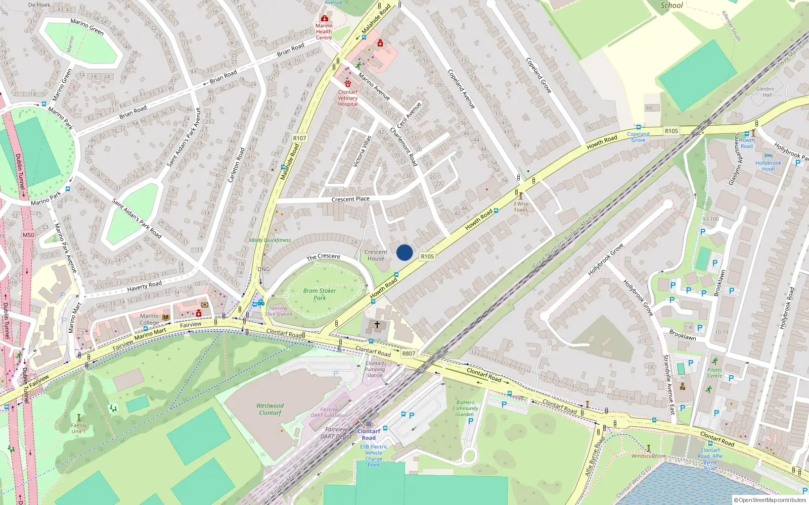 Overhead map showing the location of 24 Howth Road, Clontarf, Dublin