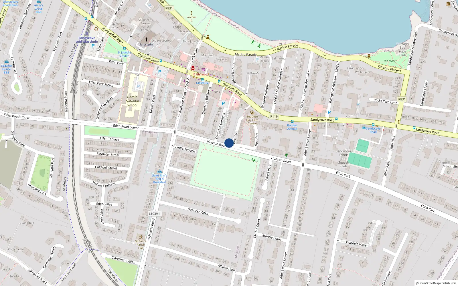 Overhead map showing the location of 24 Hudson Road, Glasthule, Dun Laoghaire