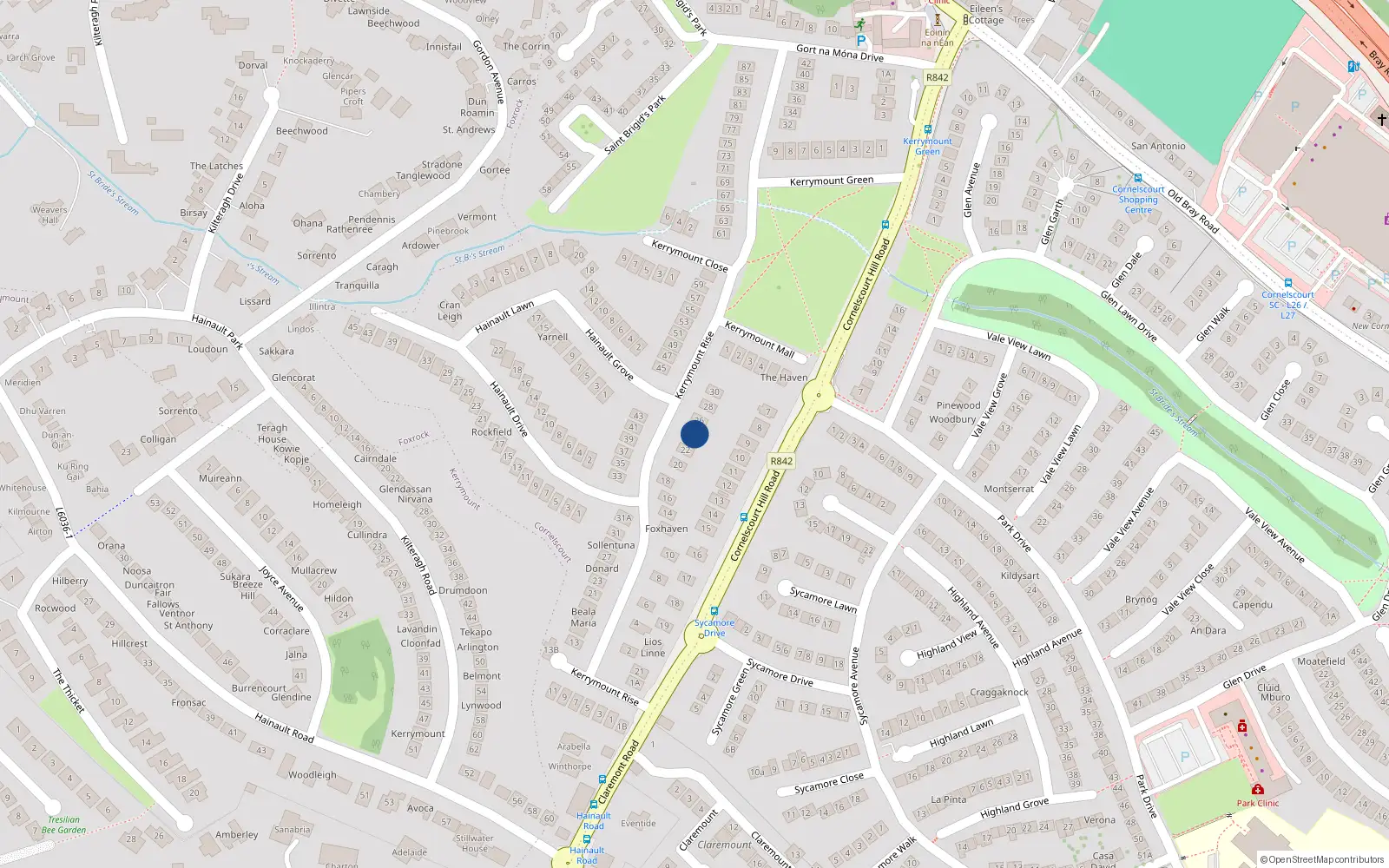 Overhead map showing the location of 24 Kerrymount Rise, Dublin 18