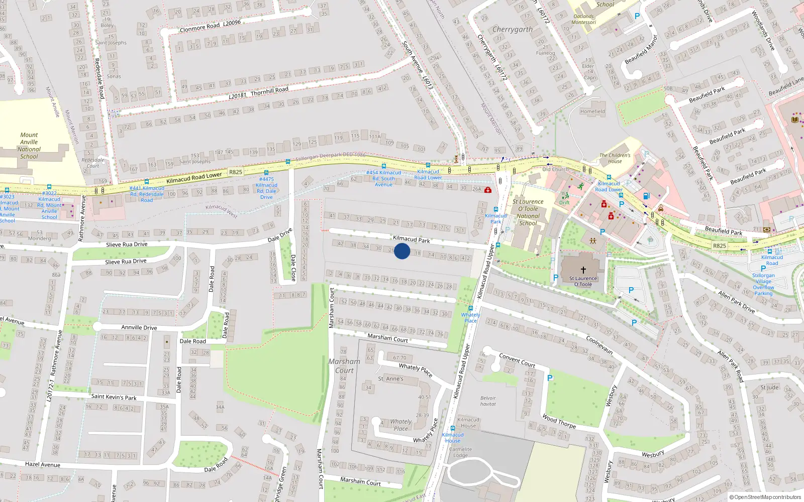 Overhead map showing the location of 24 Kilmacud Park, Blackrock