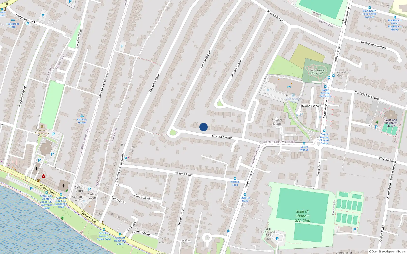 Overhead map showing the location of 24 Kincora Avenue, Clontarf, Dublin 3