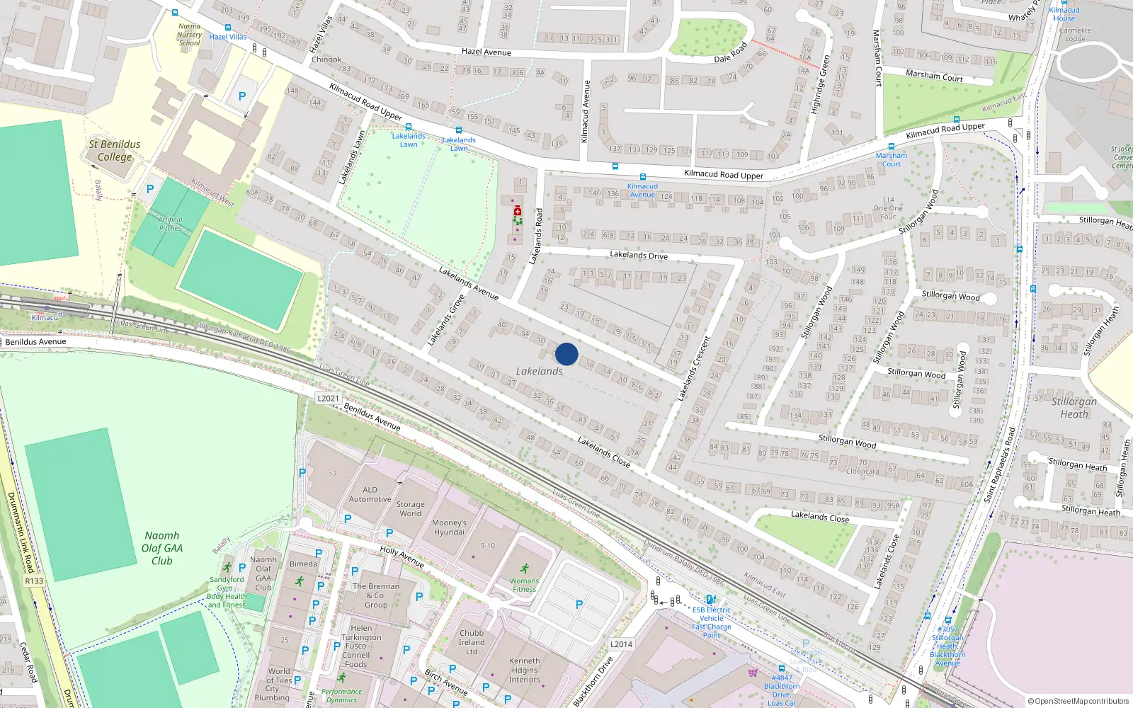 Overhead map showing the location of 24 Lakelands Avenue, Stillorgan, Dublin