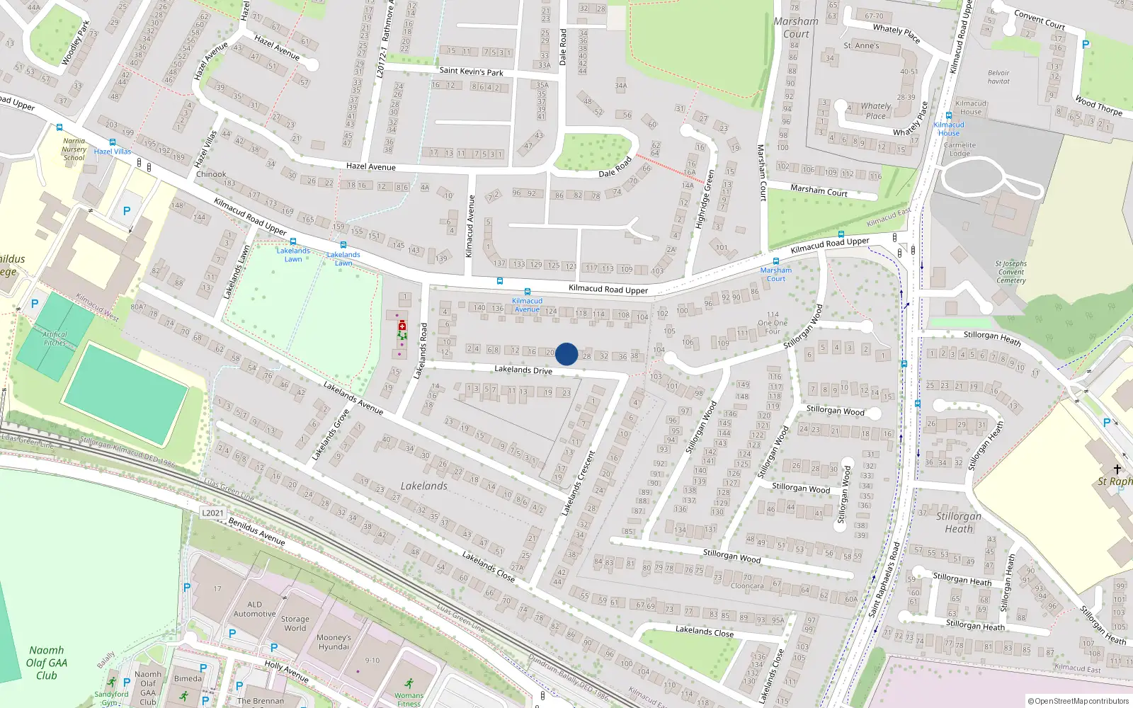 Overhead map showing the location of 24 Lakelands Drive, Kilmacud, Blackrock