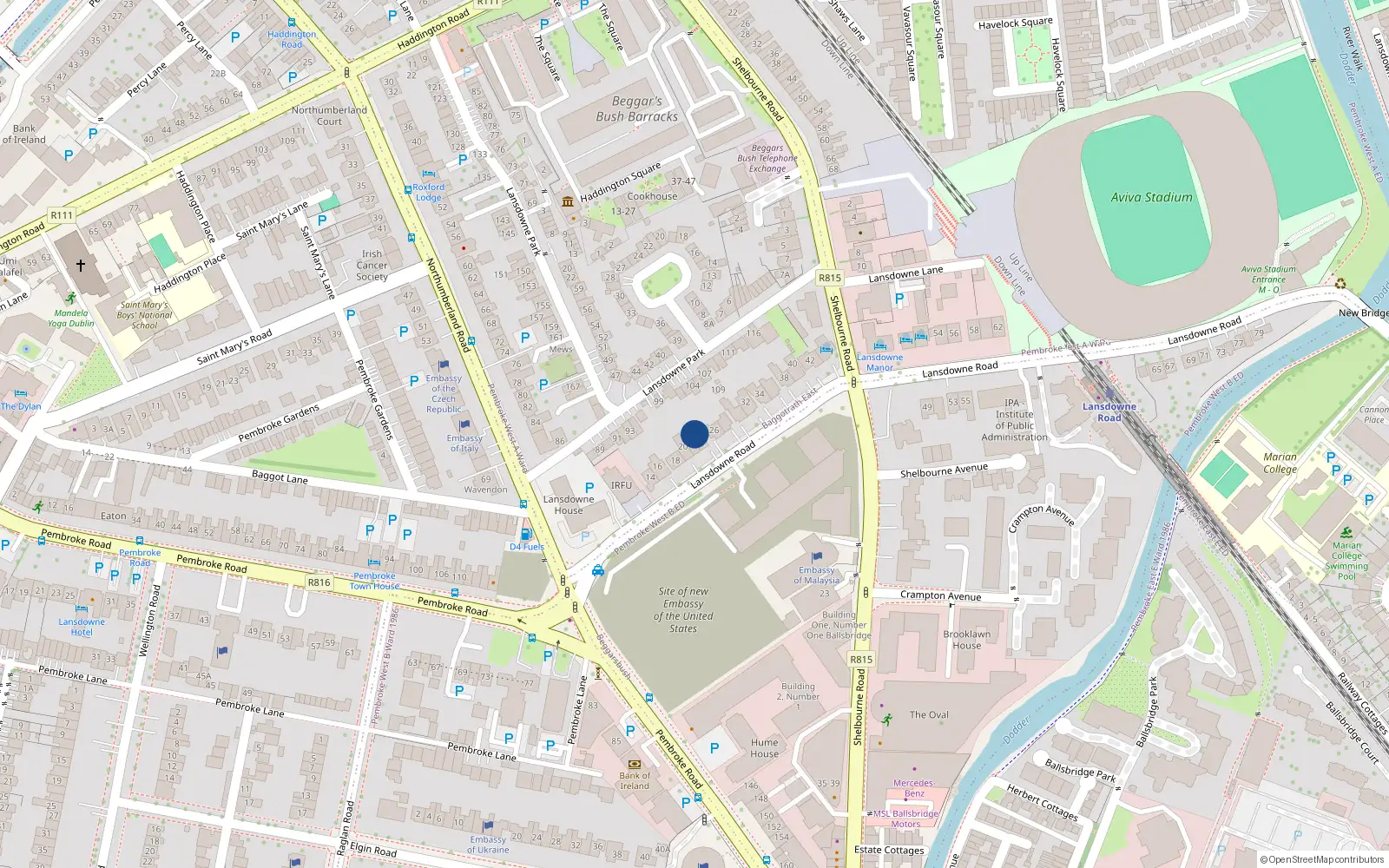 Overhead map showing the location of 24 Lansdowne Road, Dublin 4