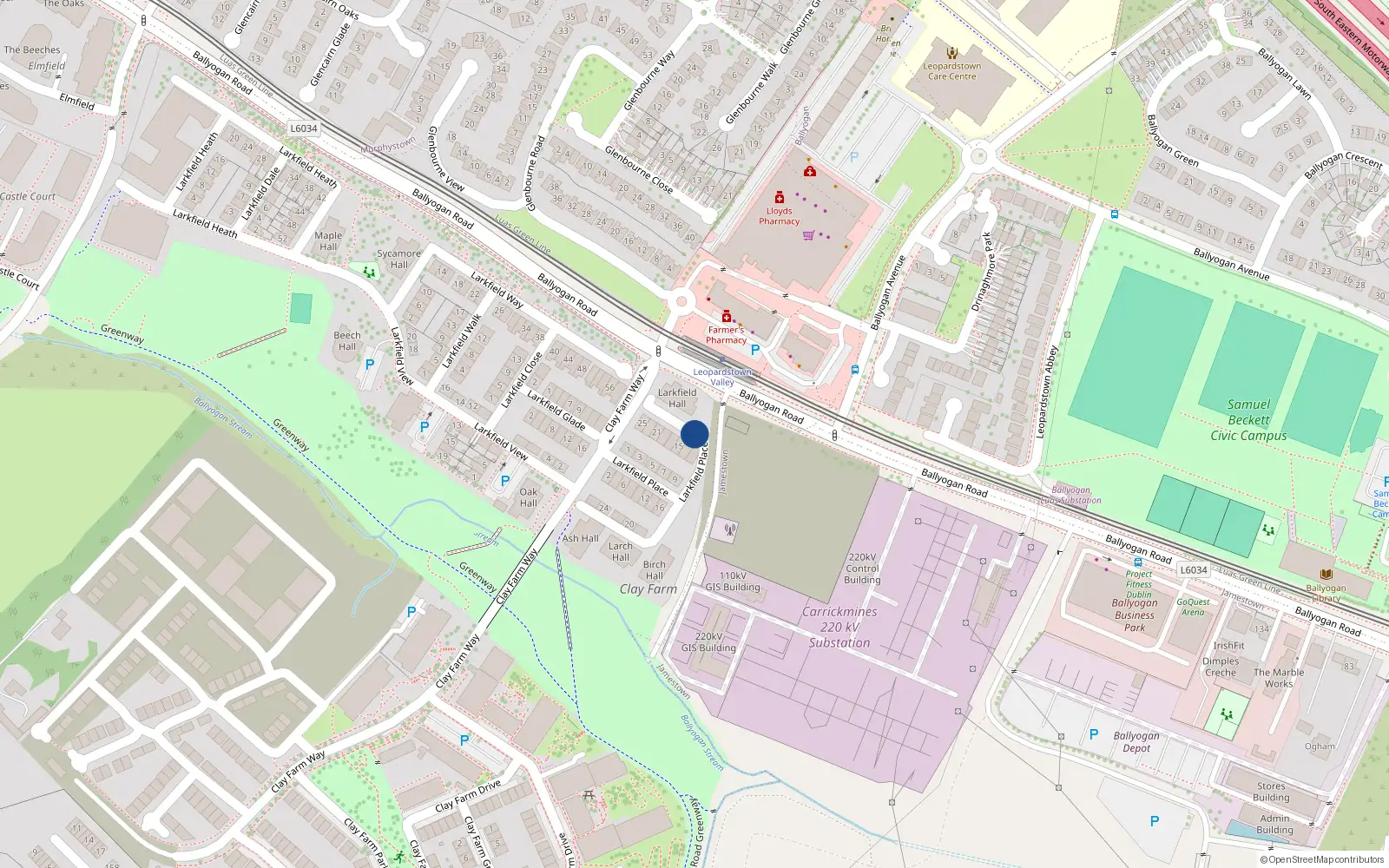 Overhead map showing the location of 24 Larkfield Place, Leopardstown