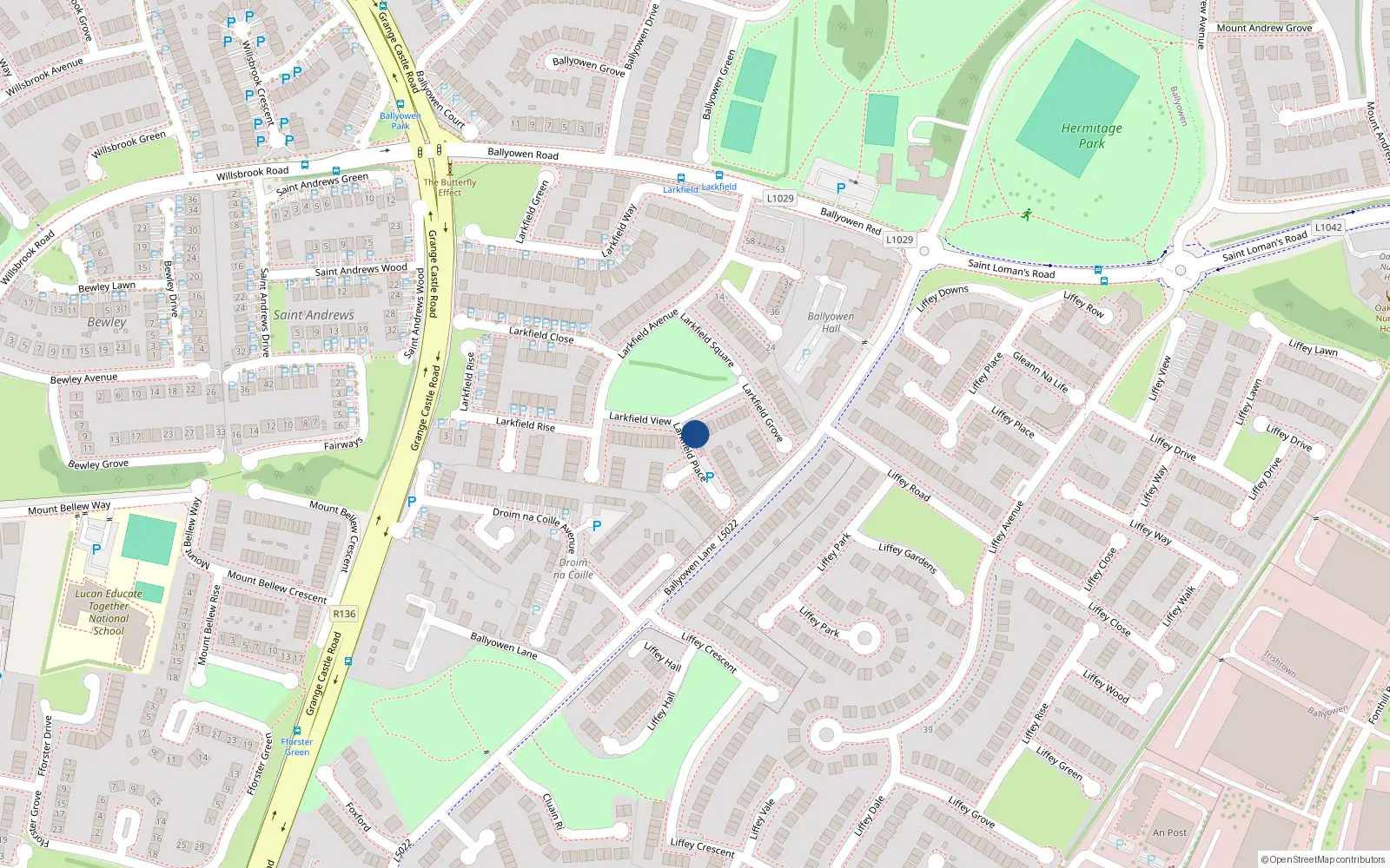 Overhead map showing the location of 24 Larkfield View, Ballyowen, Lucan