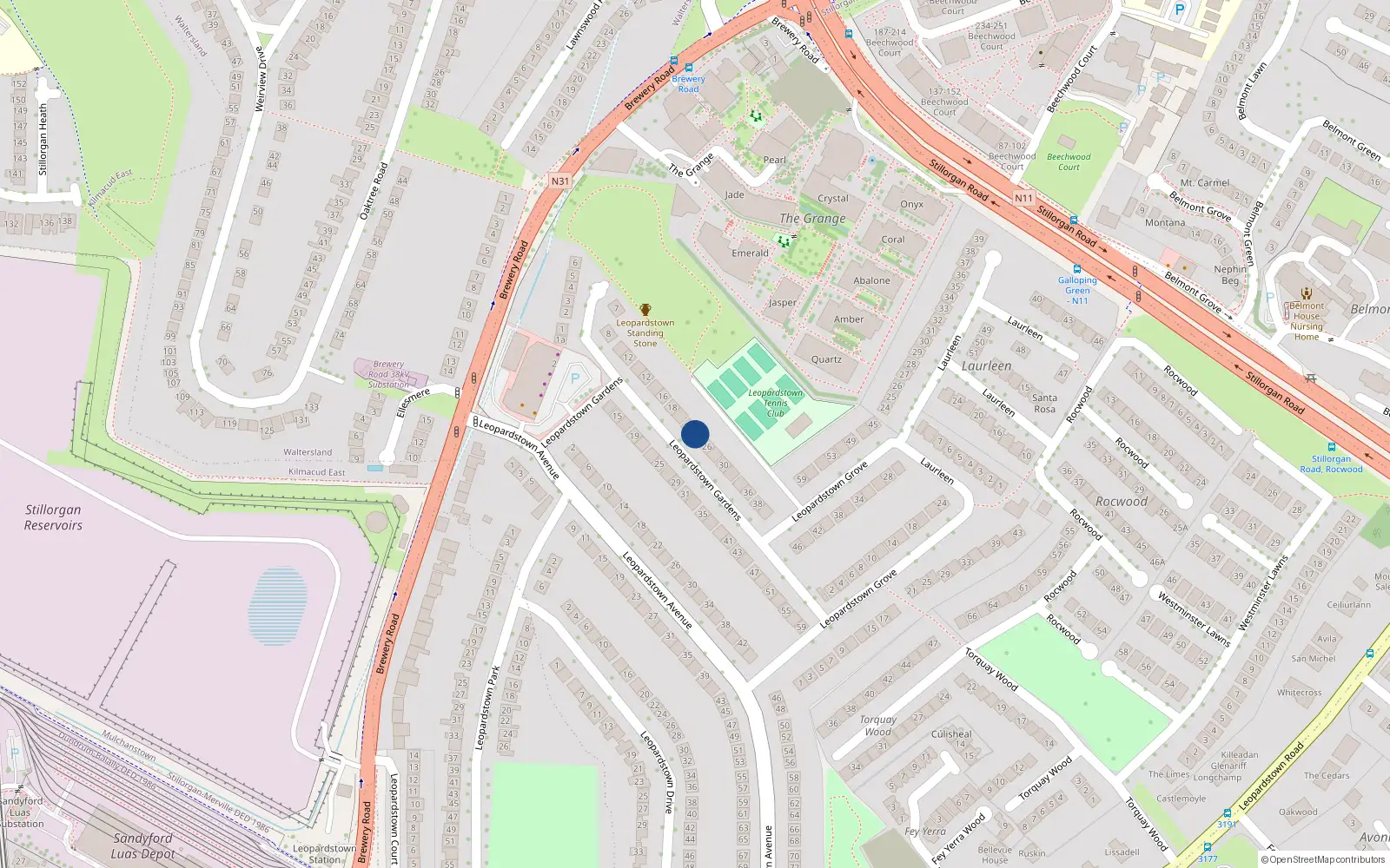 Overhead map showing the location of 24 Leopardstown Gardens, Dublin