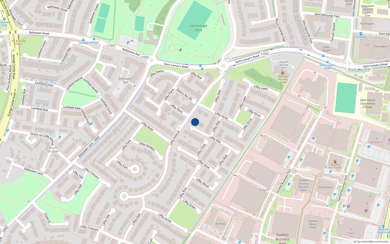 Overhead map showing the location of 24 Liffey Way, Liffey Valley Park, Lucan