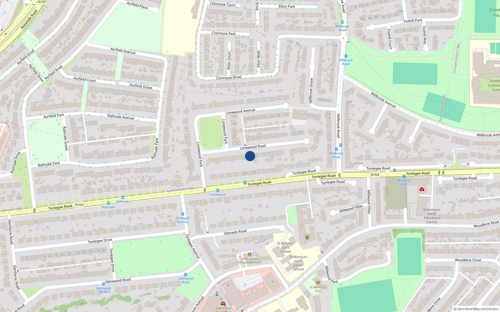 Overhead map showing the location of 24 Limewood Road, Cameron Park, Raheny Dublin 5
