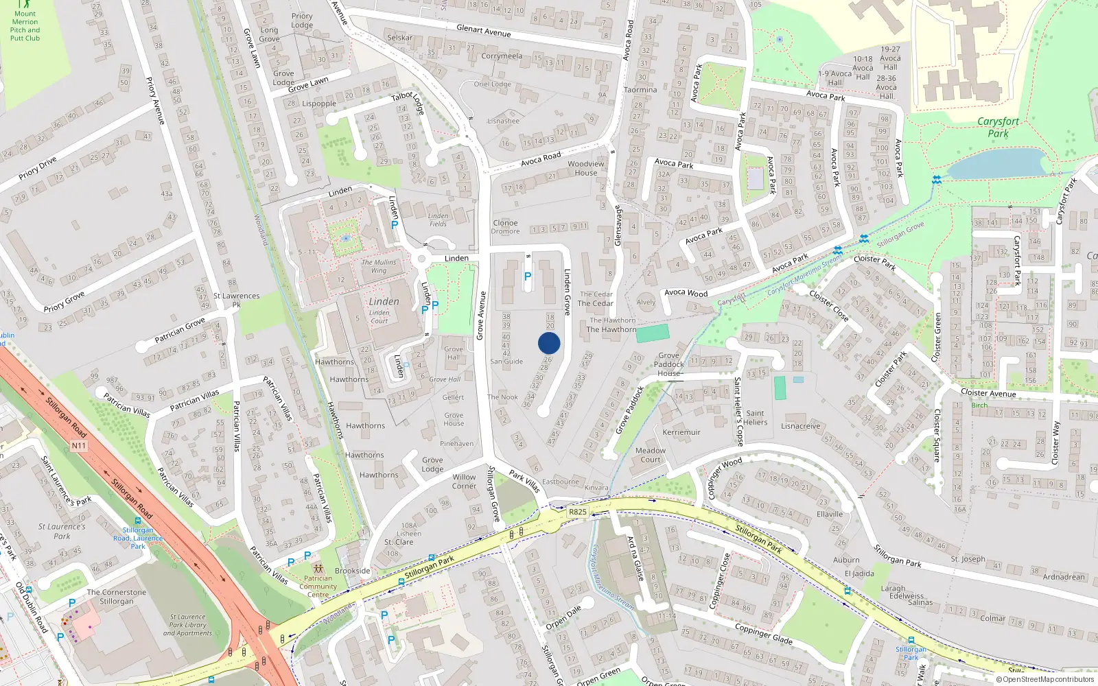 Overhead map showing the location of 24 Linden Grove, Dublin