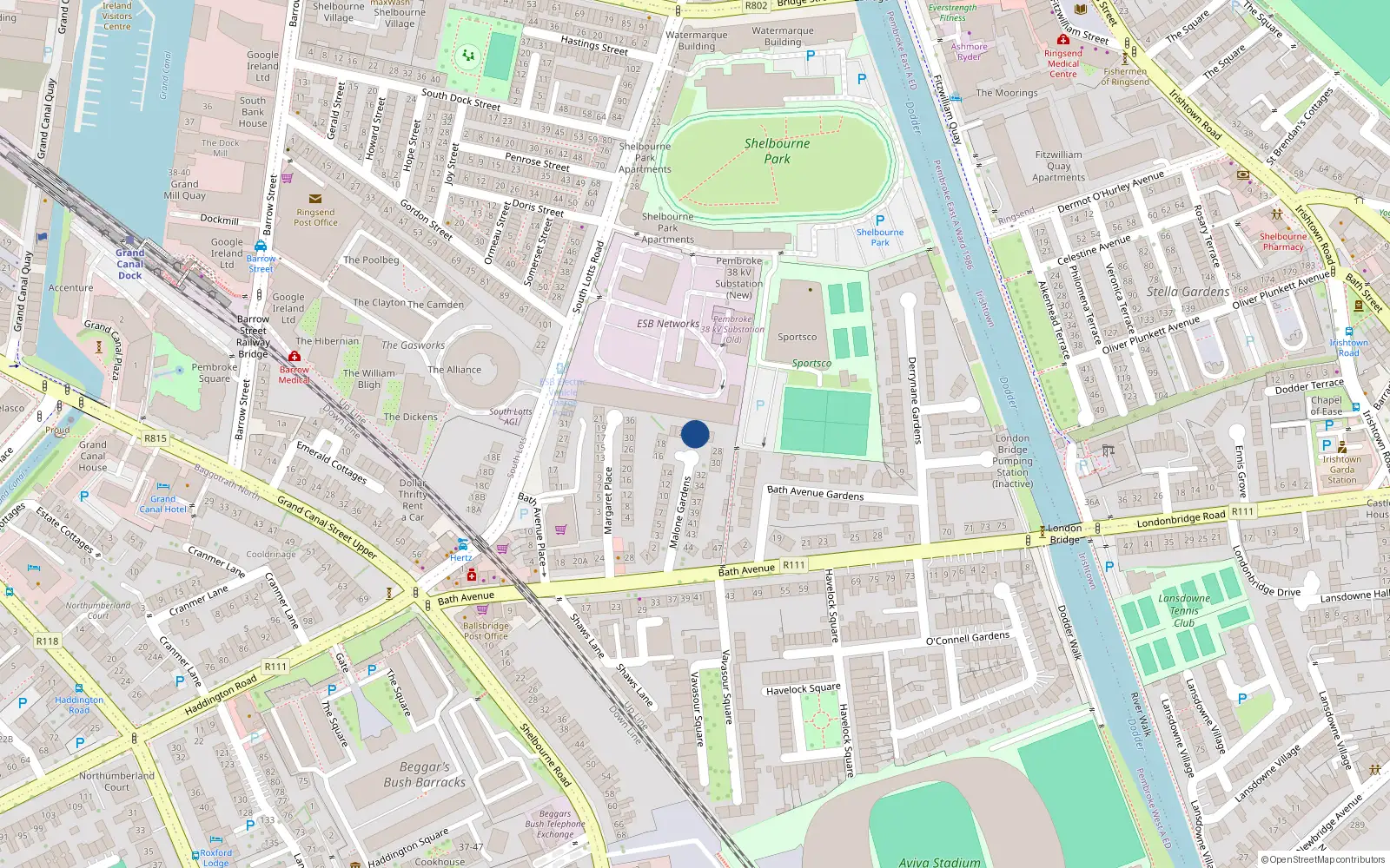 Overhead map showing the location of 24 Malone Gardens, Dublin 4