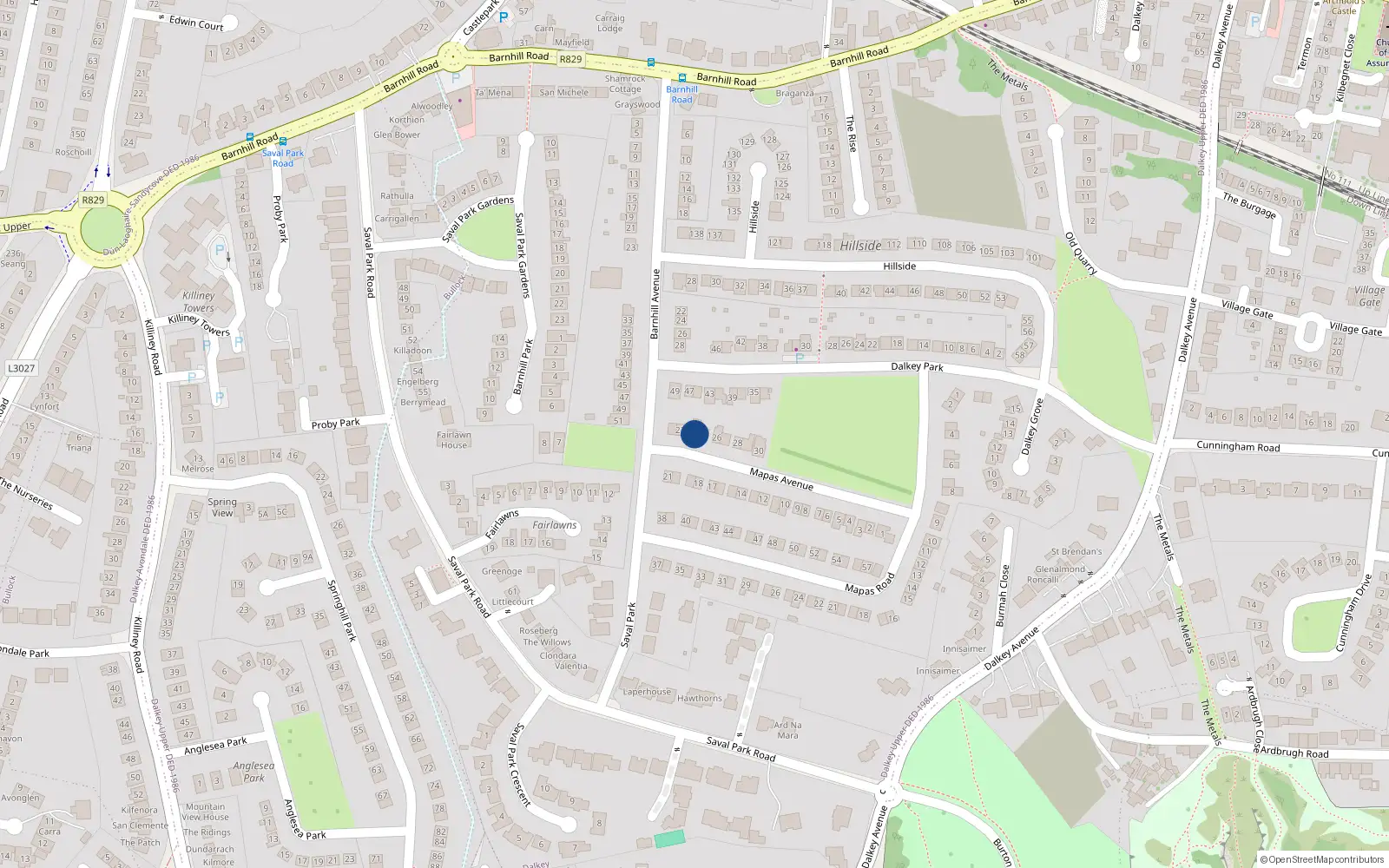 Overhead map showing the location of 24 Mapas Avenue, Dalkey, Co Dublin