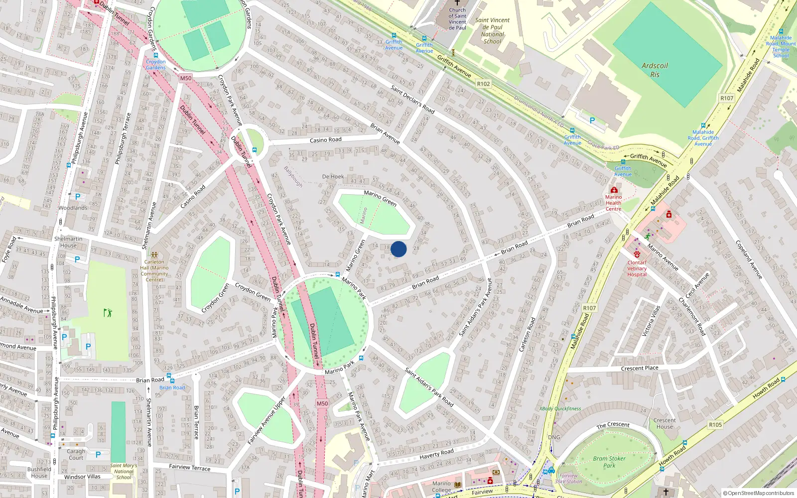 Overhead map showing the location of 24 Marino Green, Marino, Dublin 3