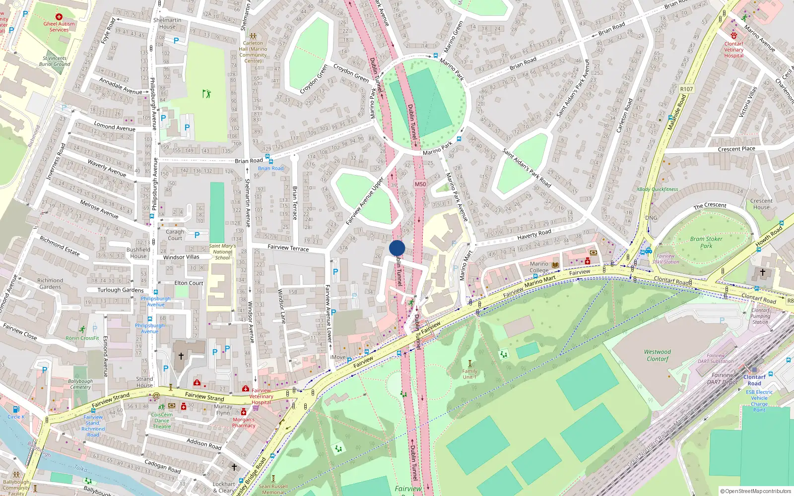 Overhead map showing the location of 24 Marville Avenue, Fairview, Dublin 3