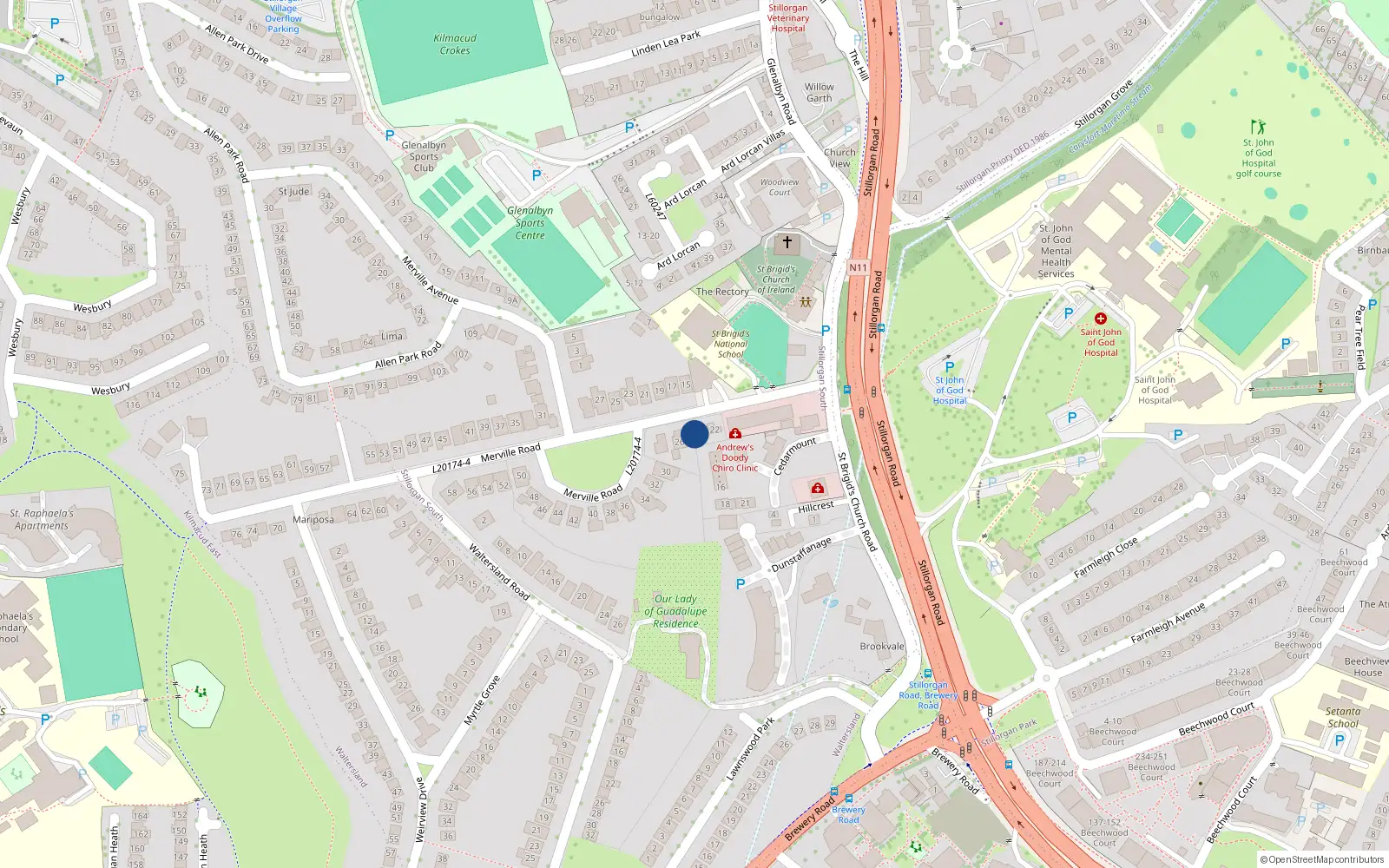 Overhead map showing the location of 24 Merville Road, Stillorgan, Dublin