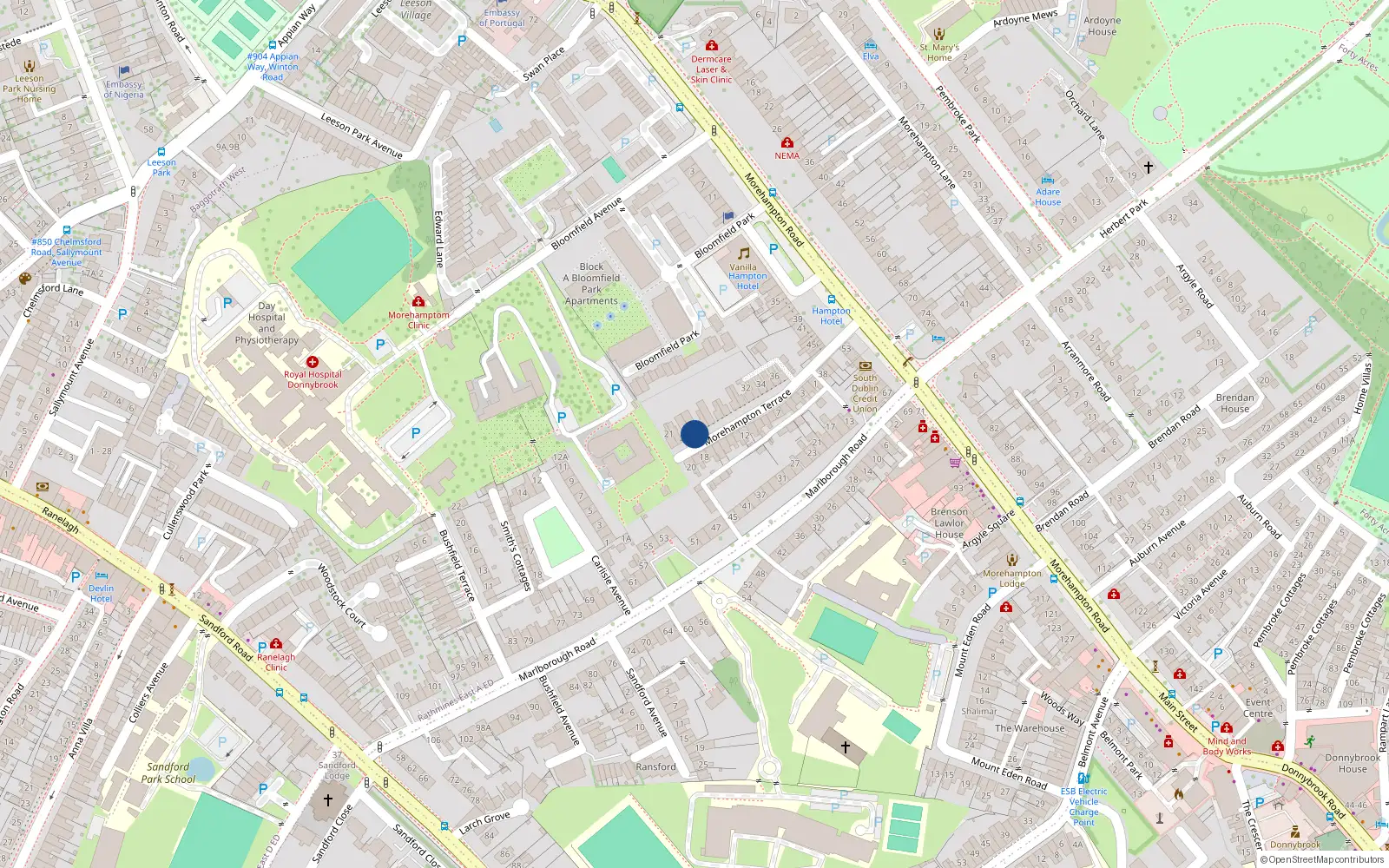 Overhead map showing the location of 24 Morehampton Terrace, Donnybrook