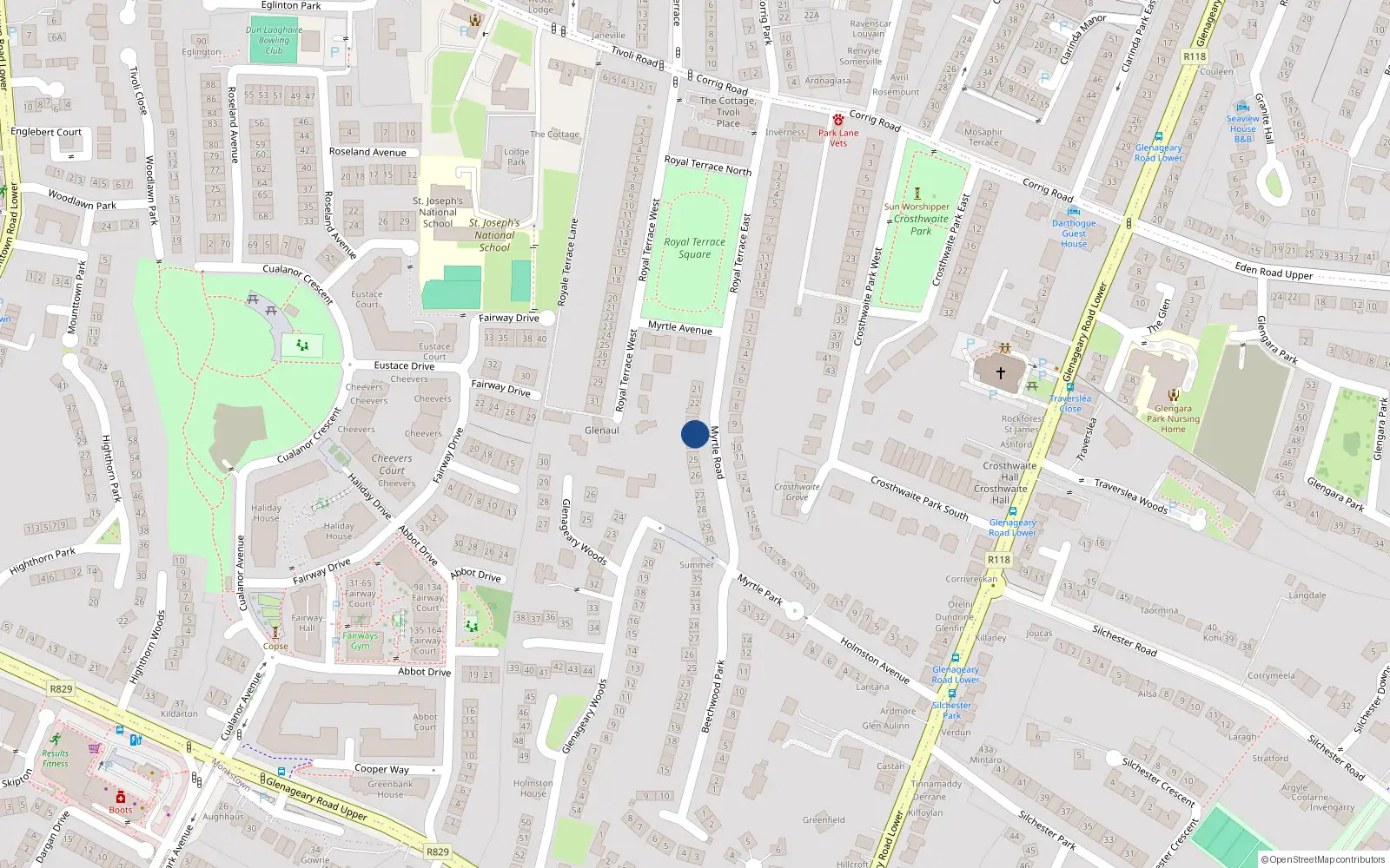 Overhead map showing the location of 24 Myrtle Park, Dublin