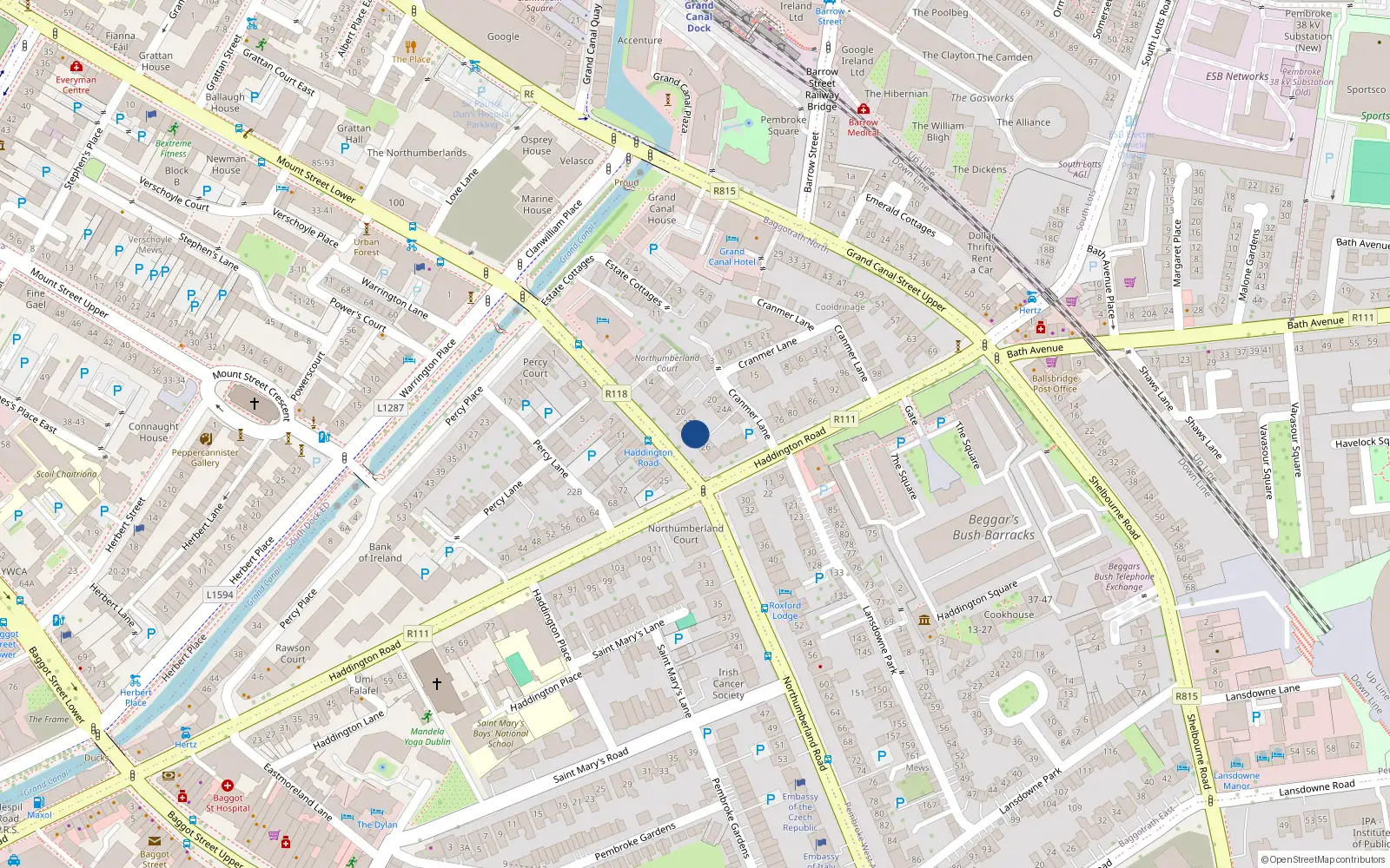 Overhead map showing the location of 24 Northumberland Road, Dublin