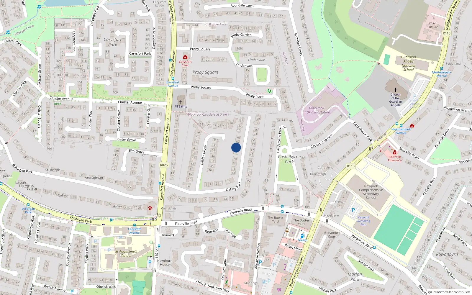 Overhead map showing the location of 24 Oakley Park, Blackrock