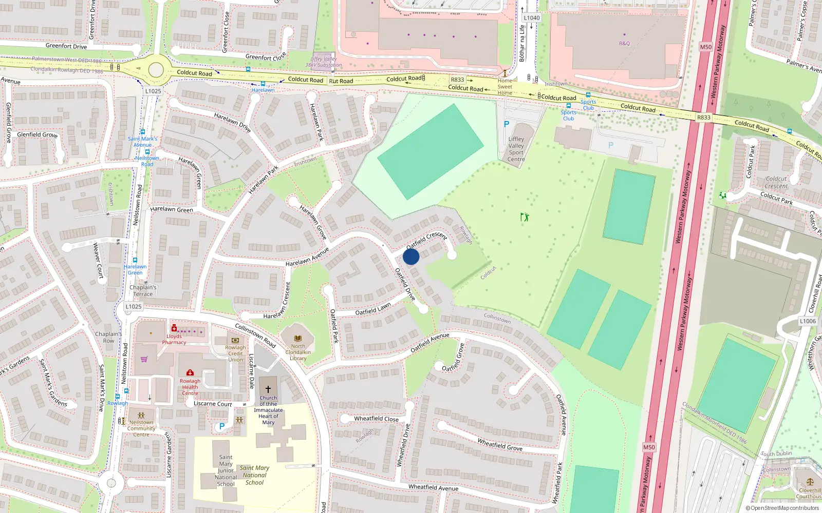 Overhead map showing the location of 24 Oatfield Drive, Dublin