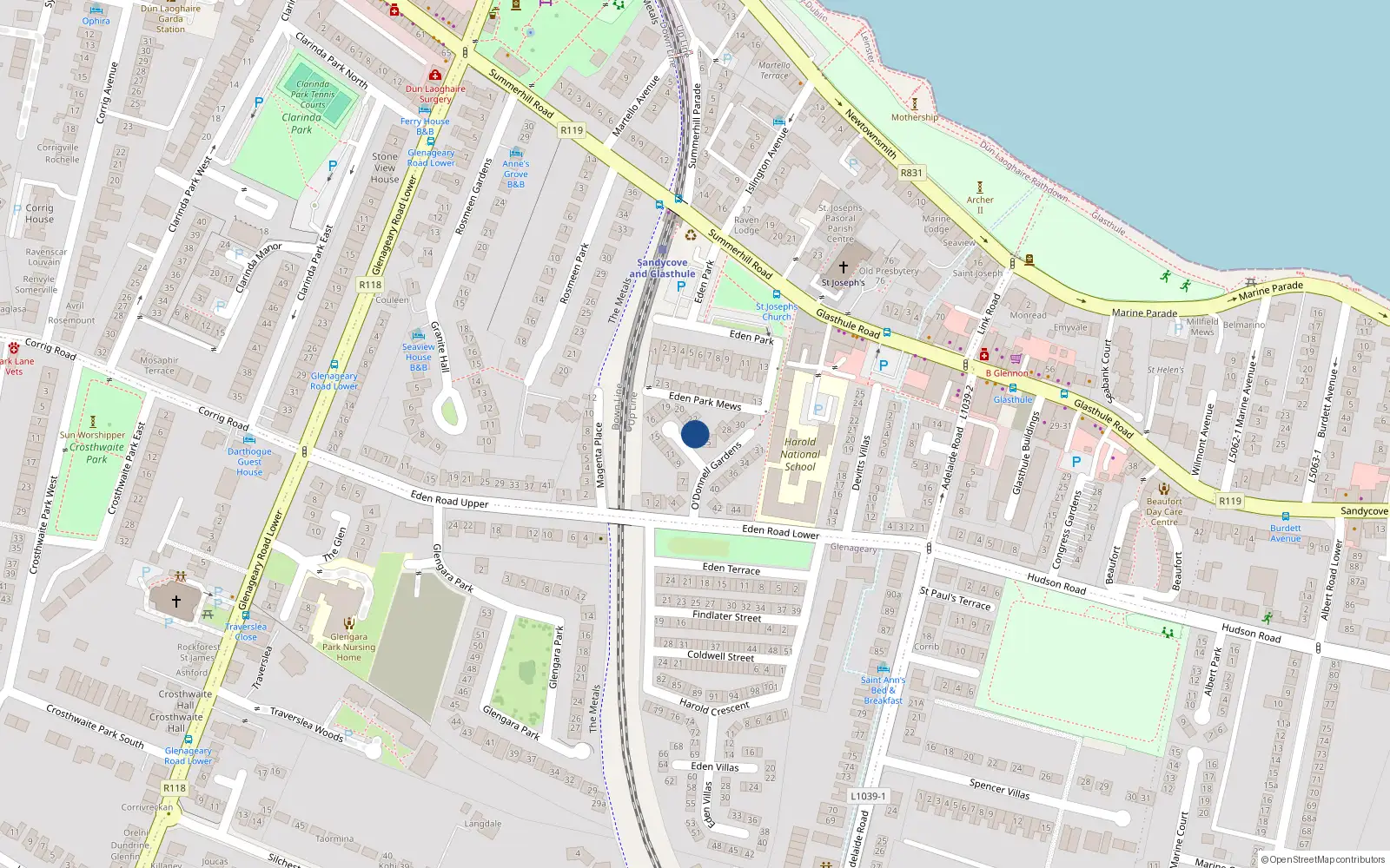 Overhead map showing the location of 24 Odonnell Gardens, Glastule, Dunlaoghaire Dublin