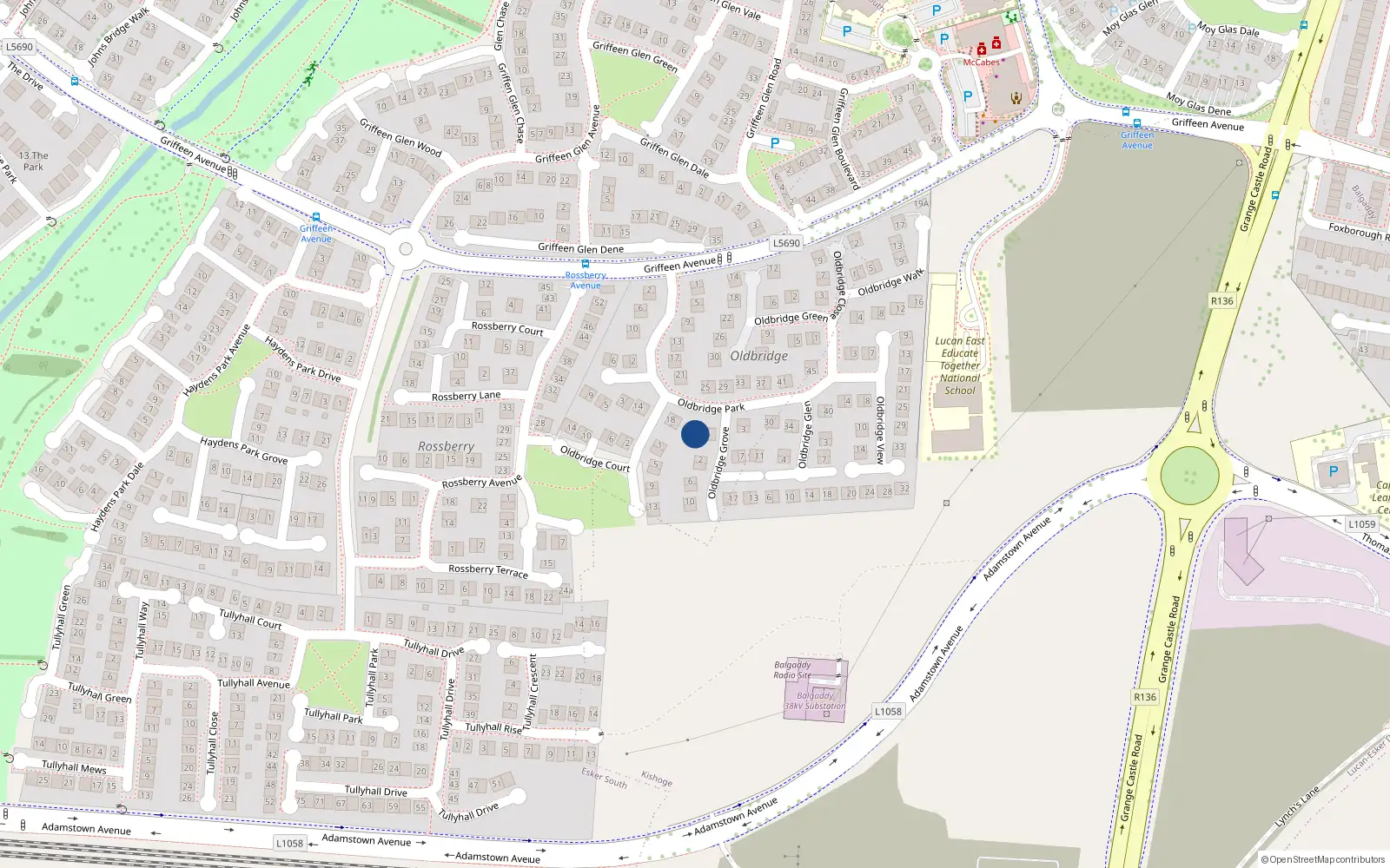 Overhead map showing the location of 24 Oldbridge Park, Lucan
