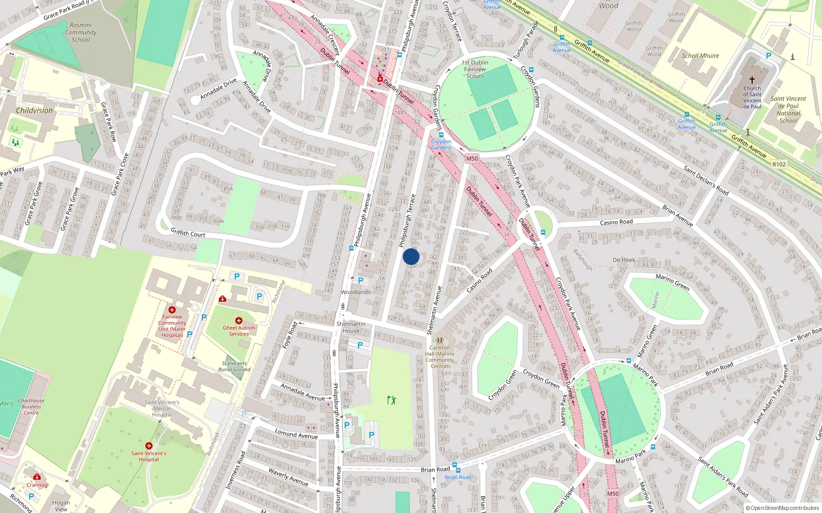 Overhead map showing the location of 24 Philipsburgh Terrace, Marino, Dublin 3