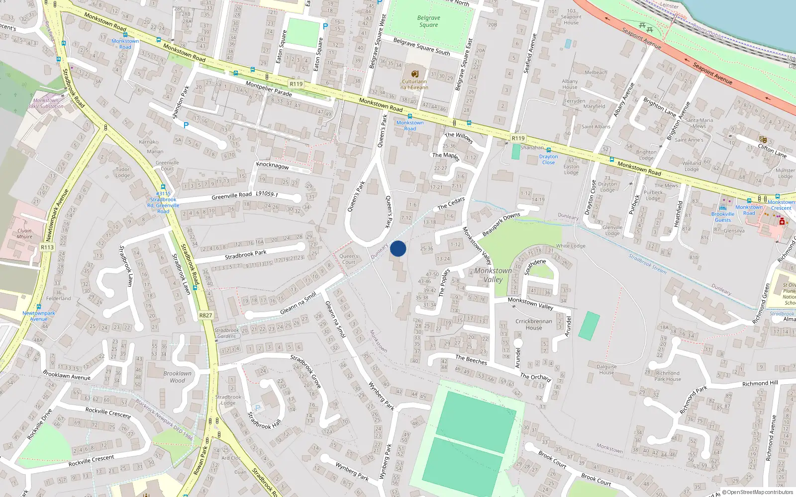 Overhead map showing the location of 24 Riverdale Court, Queens Park, Monkstown
