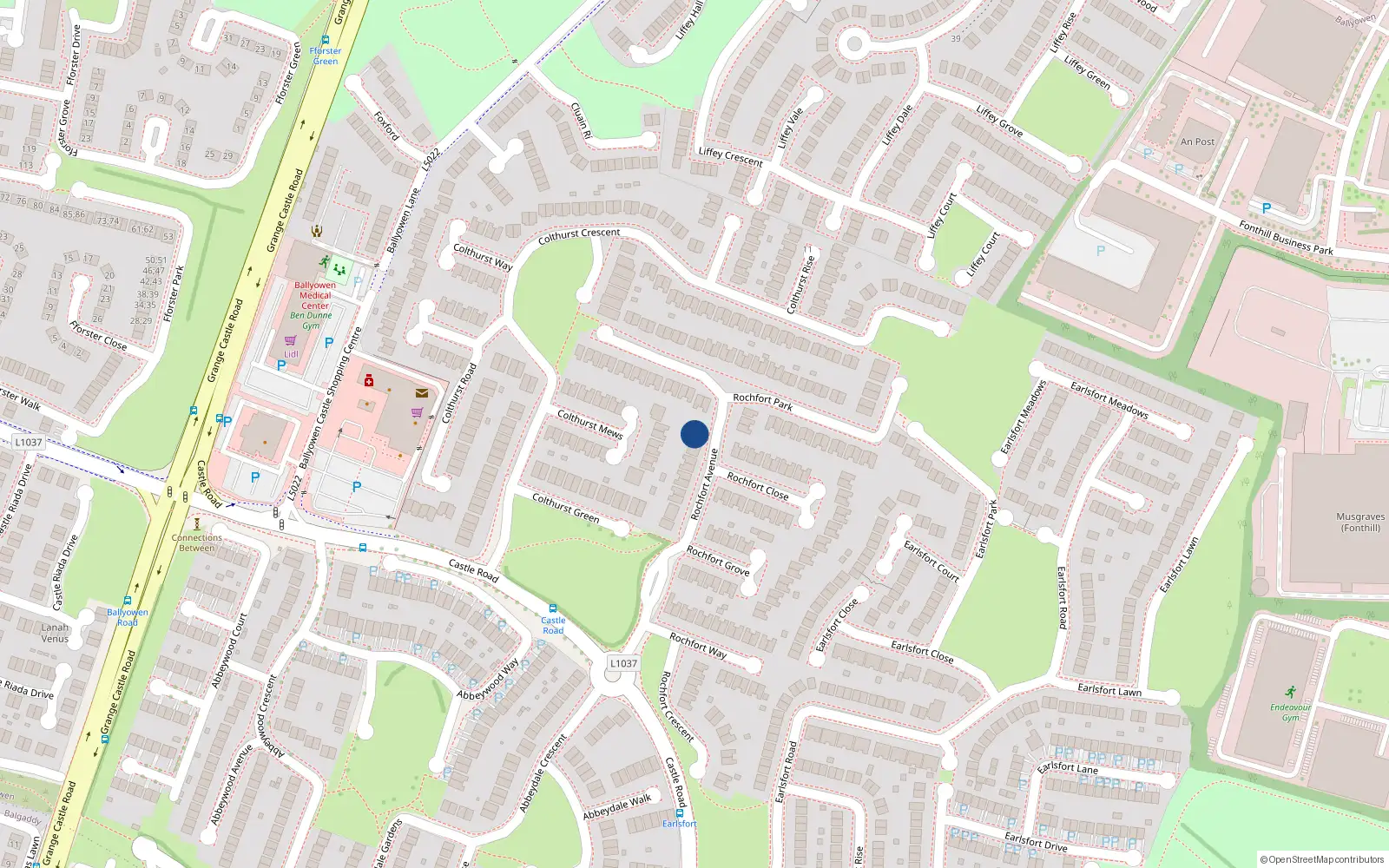 Overhead map showing the location of 24 Rochfort Avenue, Lucan
