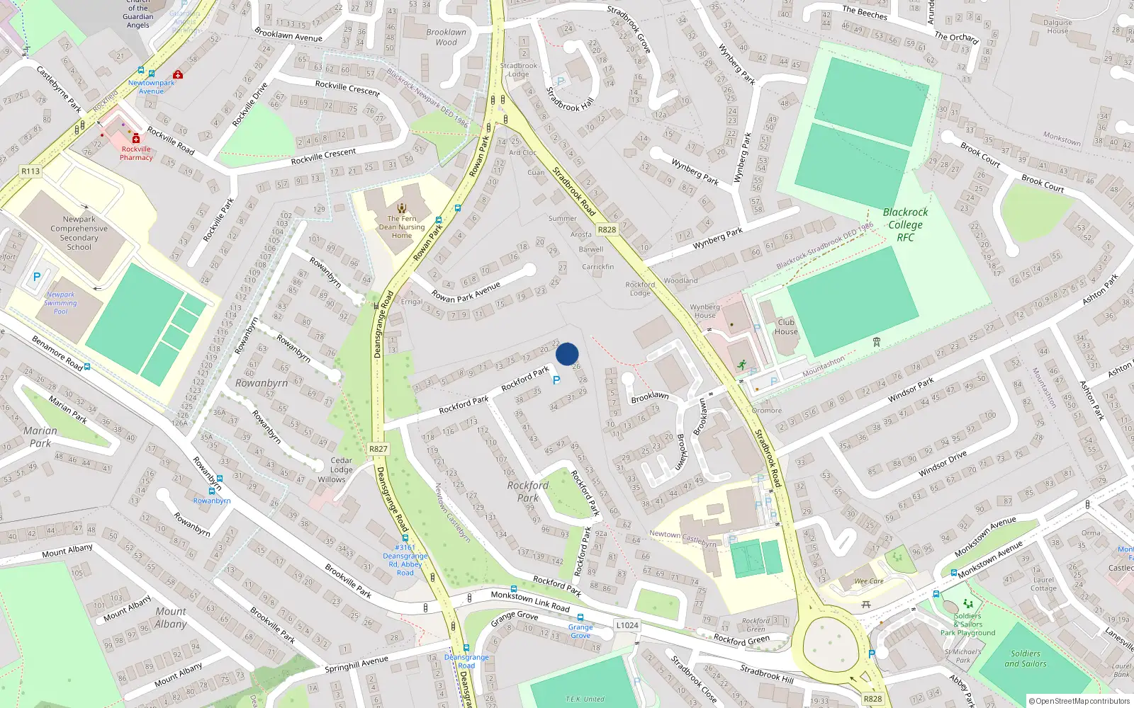 Overhead map showing the location of 24 Rockford Park, Blackrock, Dublin