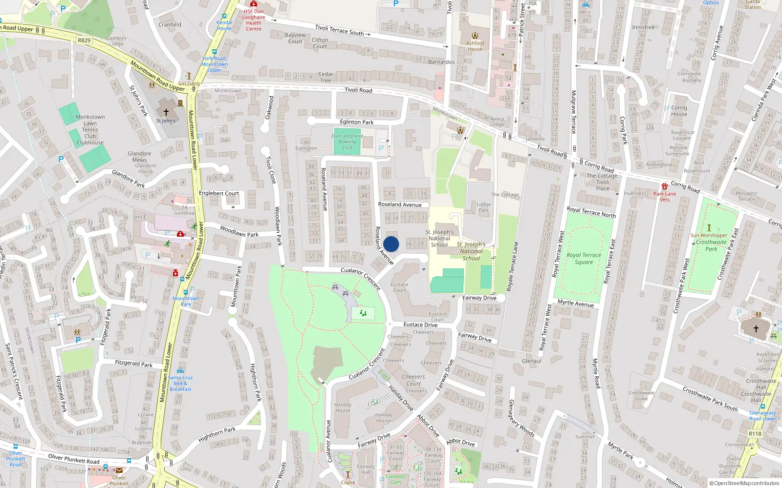 Overhead map showing the location of 24 Roseland Avenue, Cualanor, Dun Laoghaire