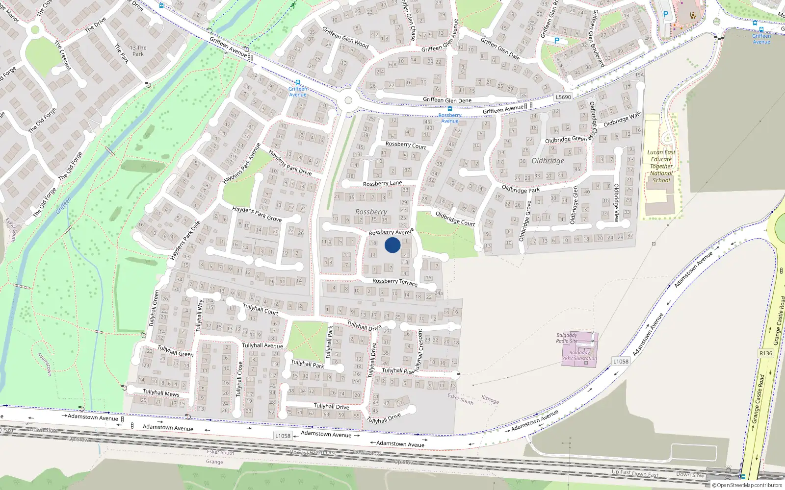 Overhead map showing the location of 24 Rossberry Avenue, Lucan