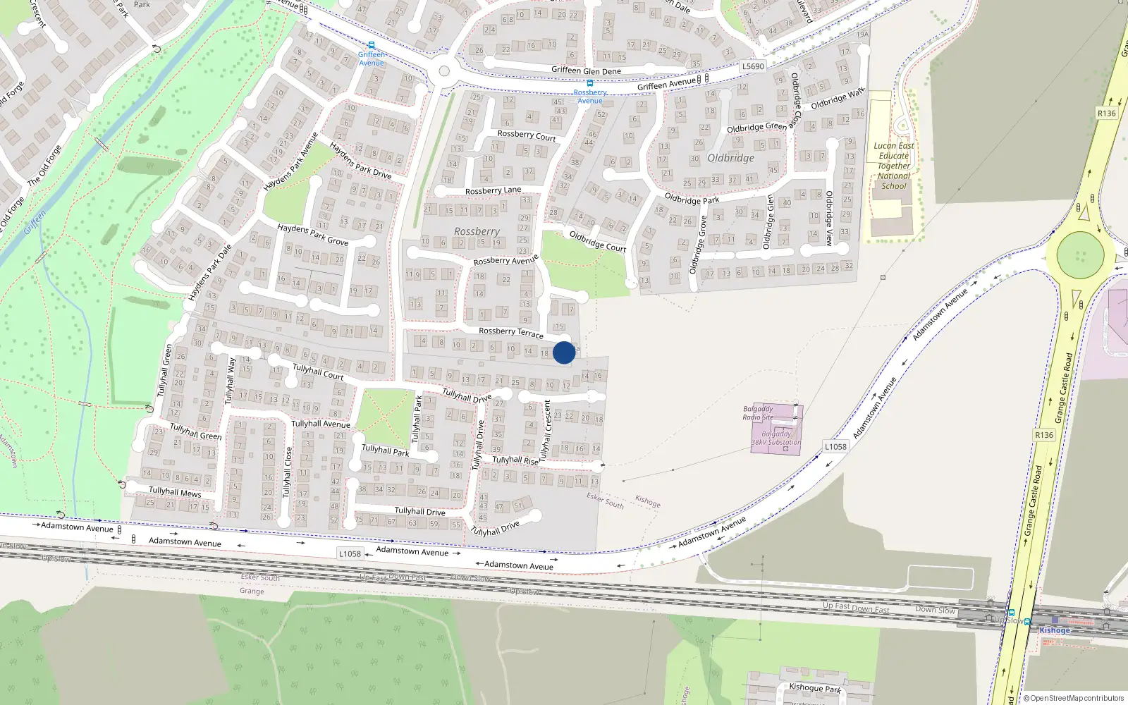 Overhead map showing the location of 24 Rossberry Terrace, Lucan, Dublin