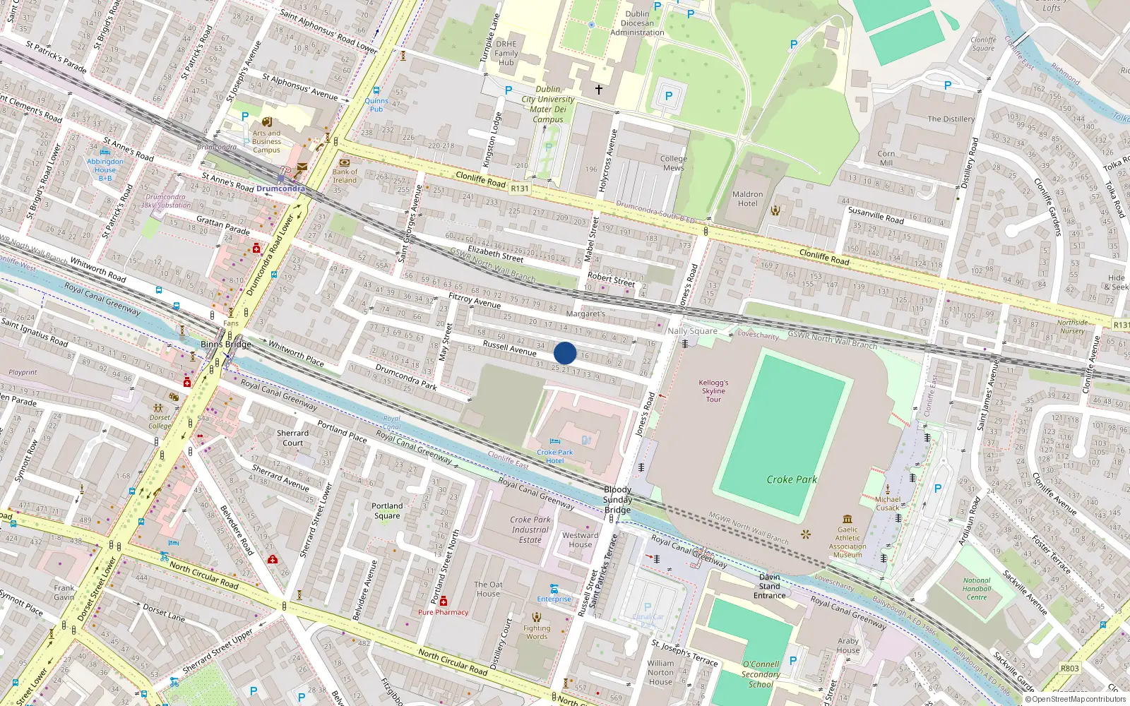 Overhead map showing the location of 24 Russell Avenue, Drumcondra, Dublin 3