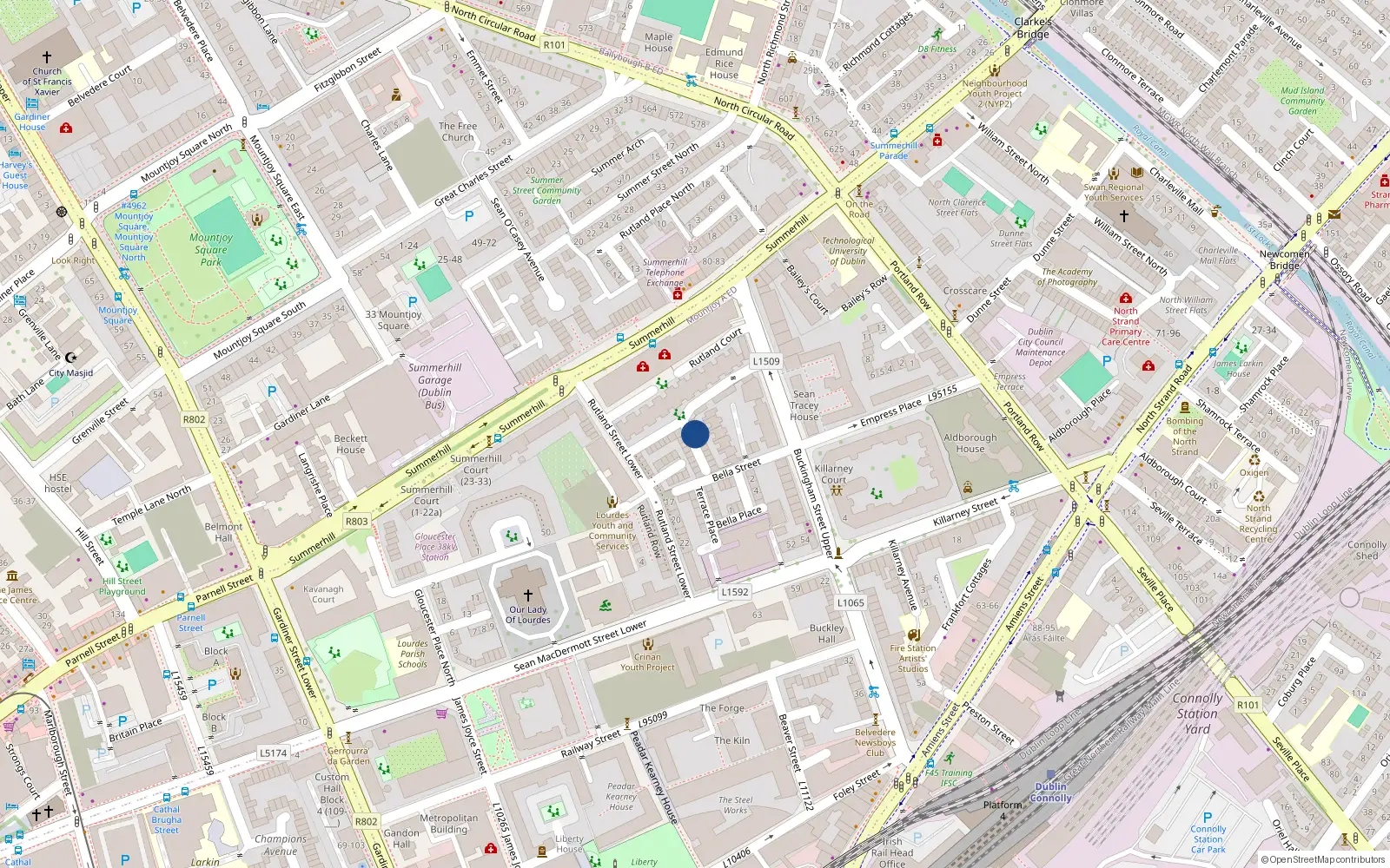Overhead map showing the location of 24 Rutland Cottages, Dublin 1