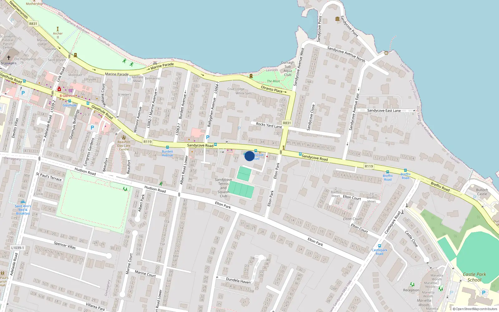 Overhead map showing the location of 24 Sandycove Road, Dún Laoghaire