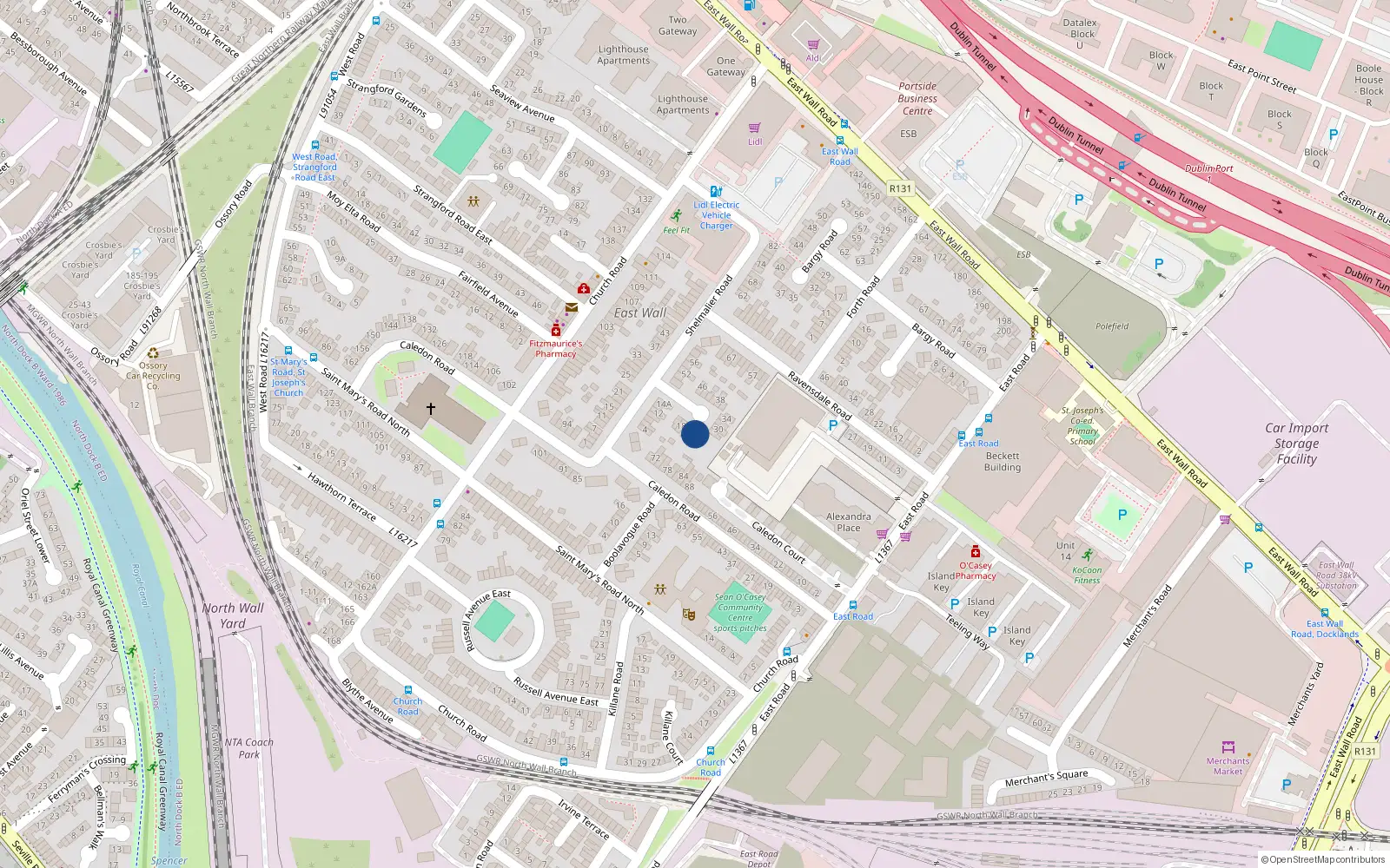 Overhead map showing the location of 24 Shalmalier Road, Eastwall, Dublin 3