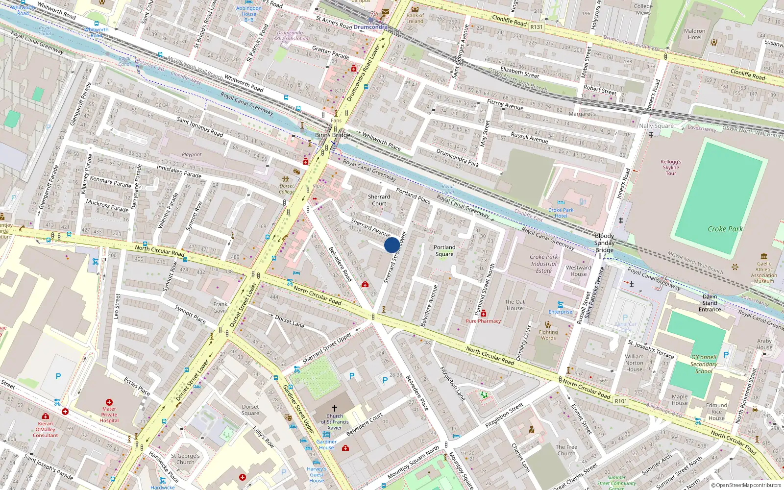 Overhead map showing the location of 24 Sherrard Avenue, Dublin 1, Dublin