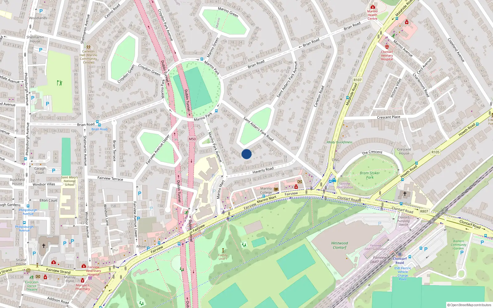 Overhead map showing the location of 24 St Aidans Park Road, Marino, Dublin 3