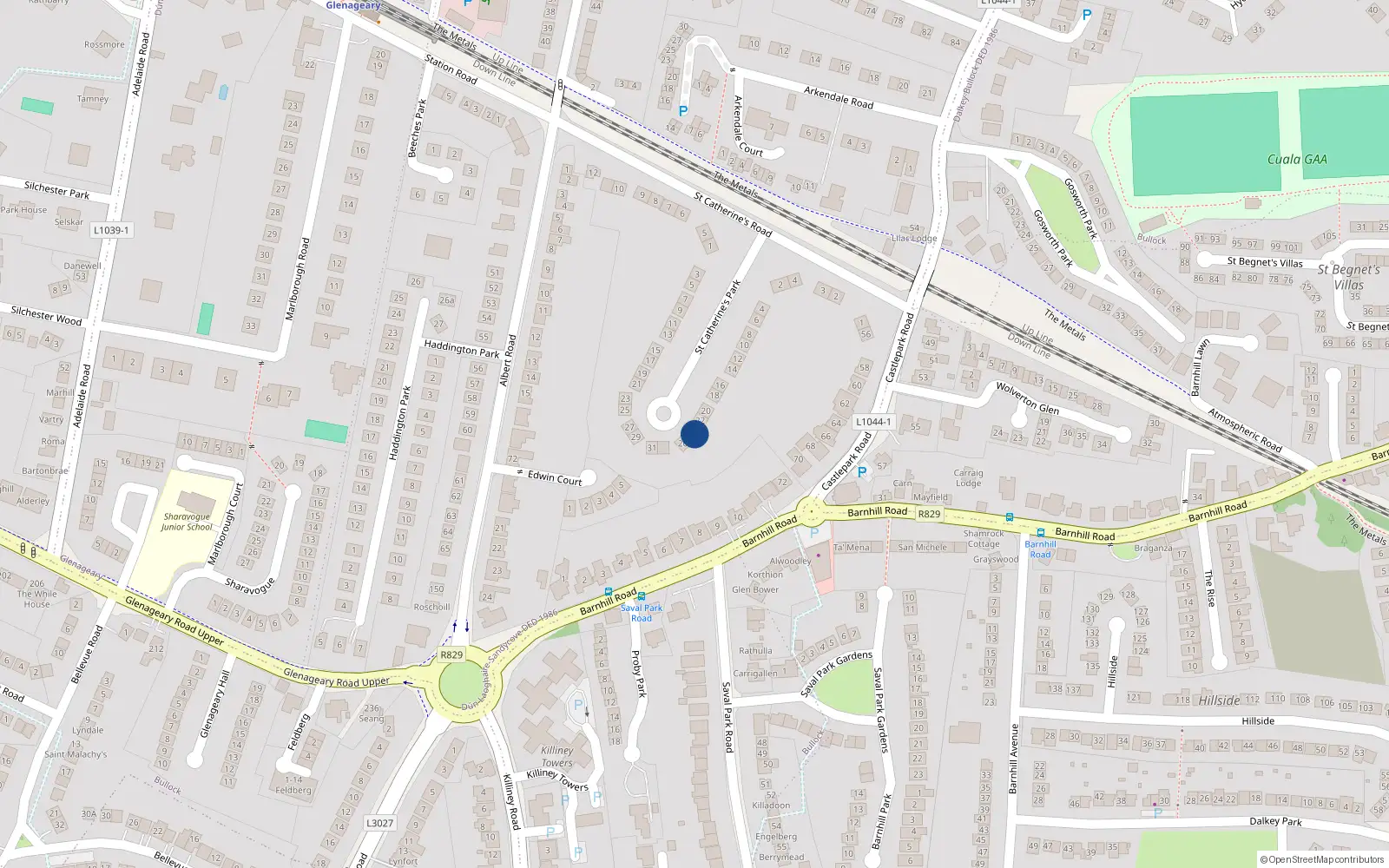 Overhead map showing the location of 24 St Catherines Park, Glenageary, Dublin